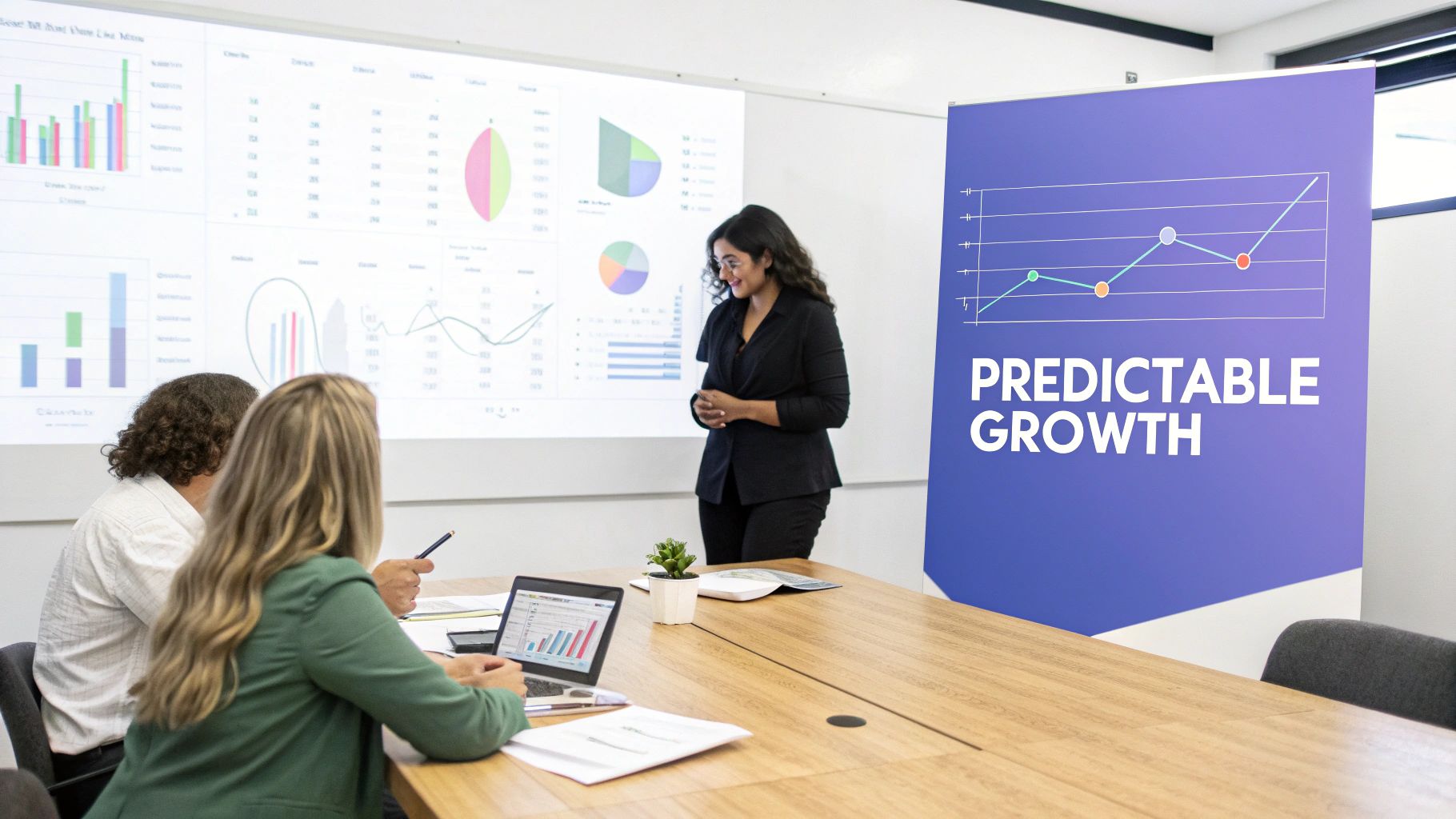 A businesswoman presents data charts on a screen to colleagues in a modern office.