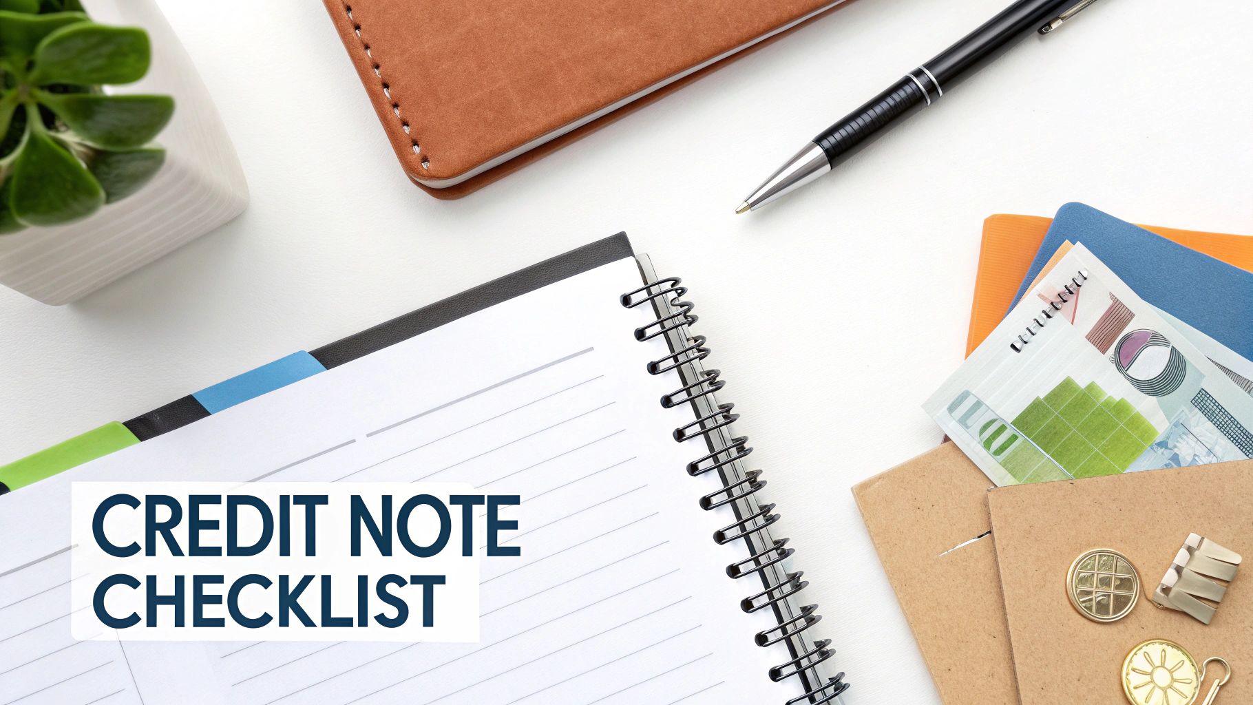 Flat lay of an office desk with an open notebook displaying a 'CREDIT NOTE CHECKLIST', a pen, and other office items.