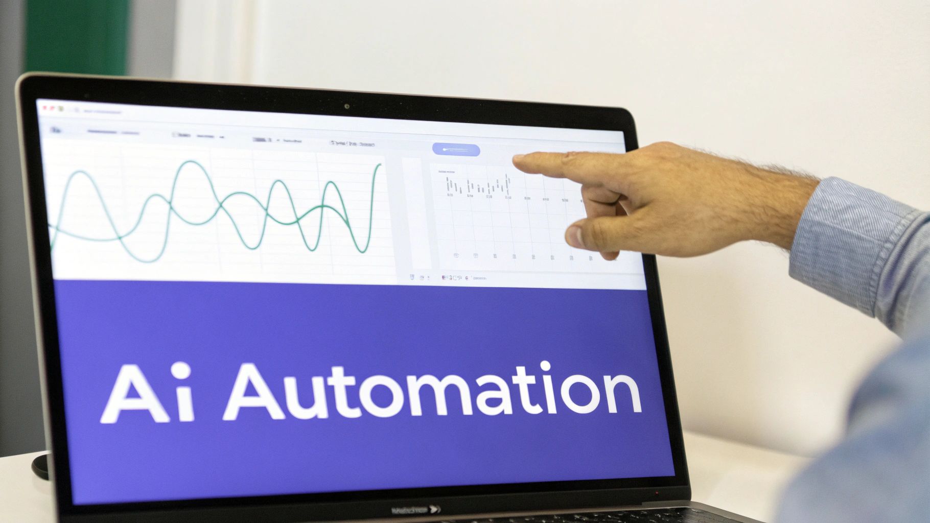 A hand points at a laptop screen showing graphs, charts, and 'Ai Automation' text.