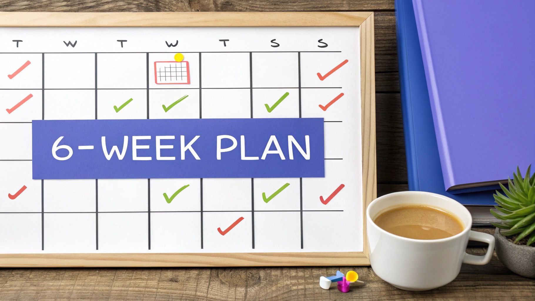 Whiteboard calendar displaying a '6-WEEK PLAN' with red and green checkmarks, coffee, and office supplies.