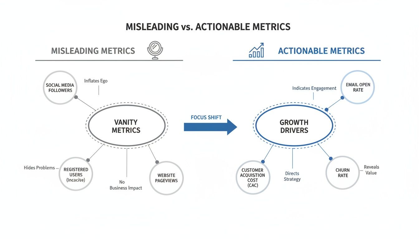 A diagram comparing misleading vanity metrics like followers to actionable growth drivers like churn rate.