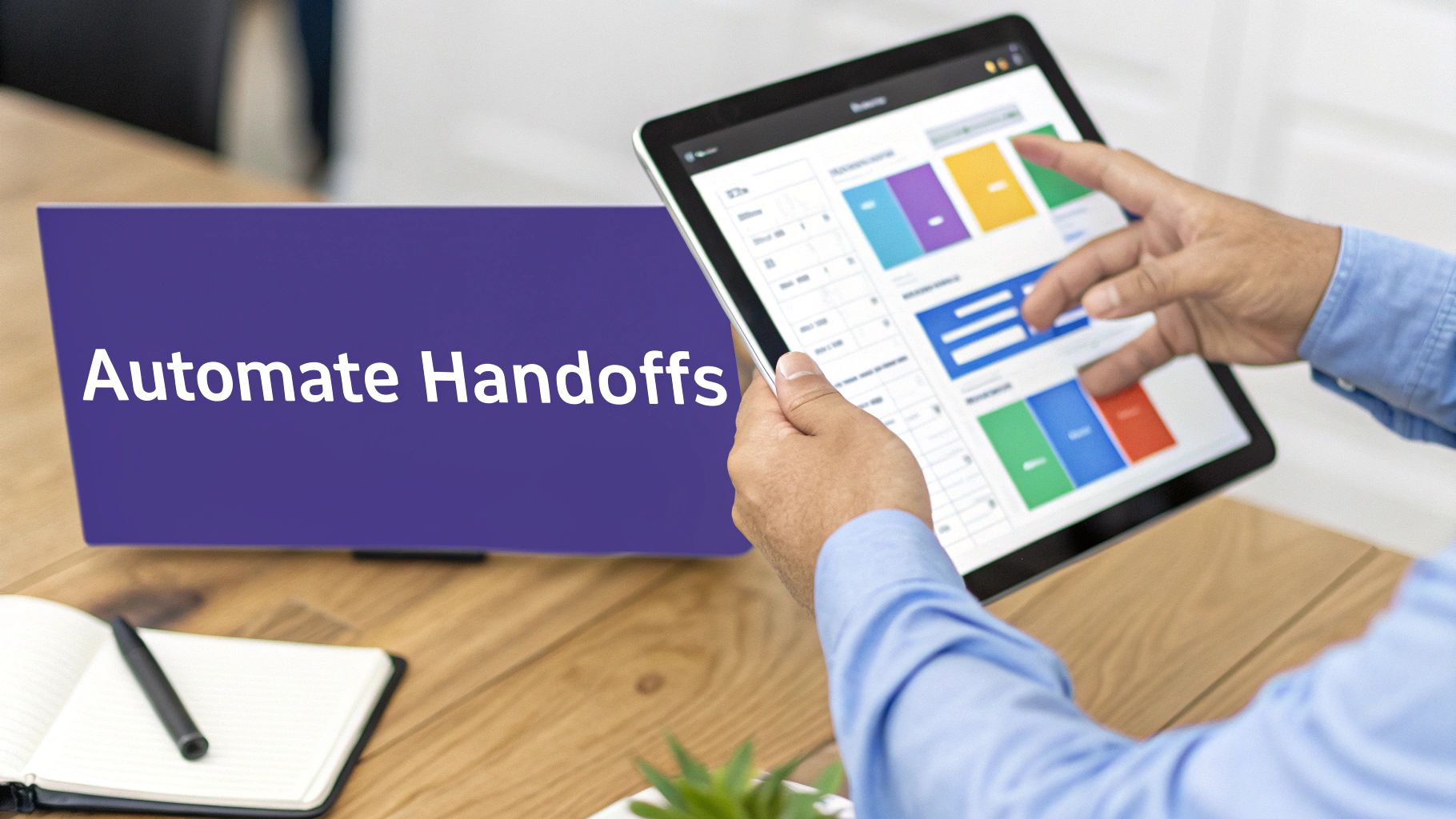 A person uses a tablet displaying charts and data, with 'Automate Handoffs' on a purple screen.