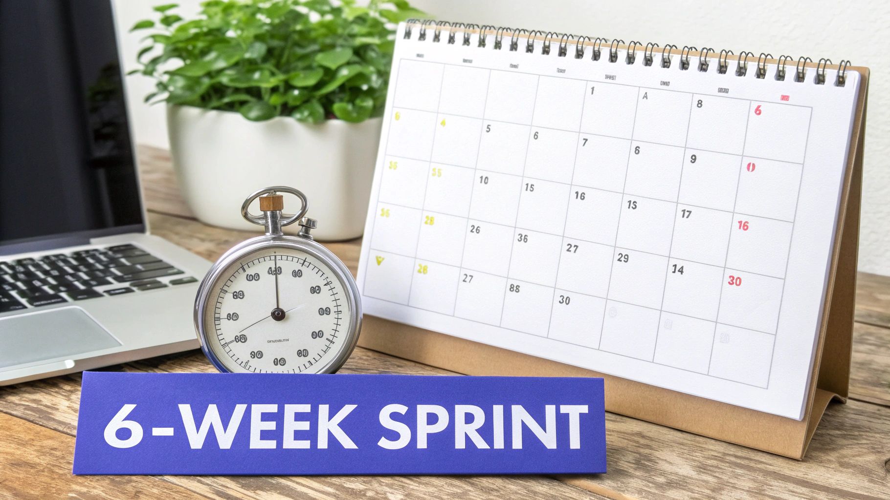 Office setup for a 6-week sprint with a calendar, stopwatch, and laptop on a wooden table.