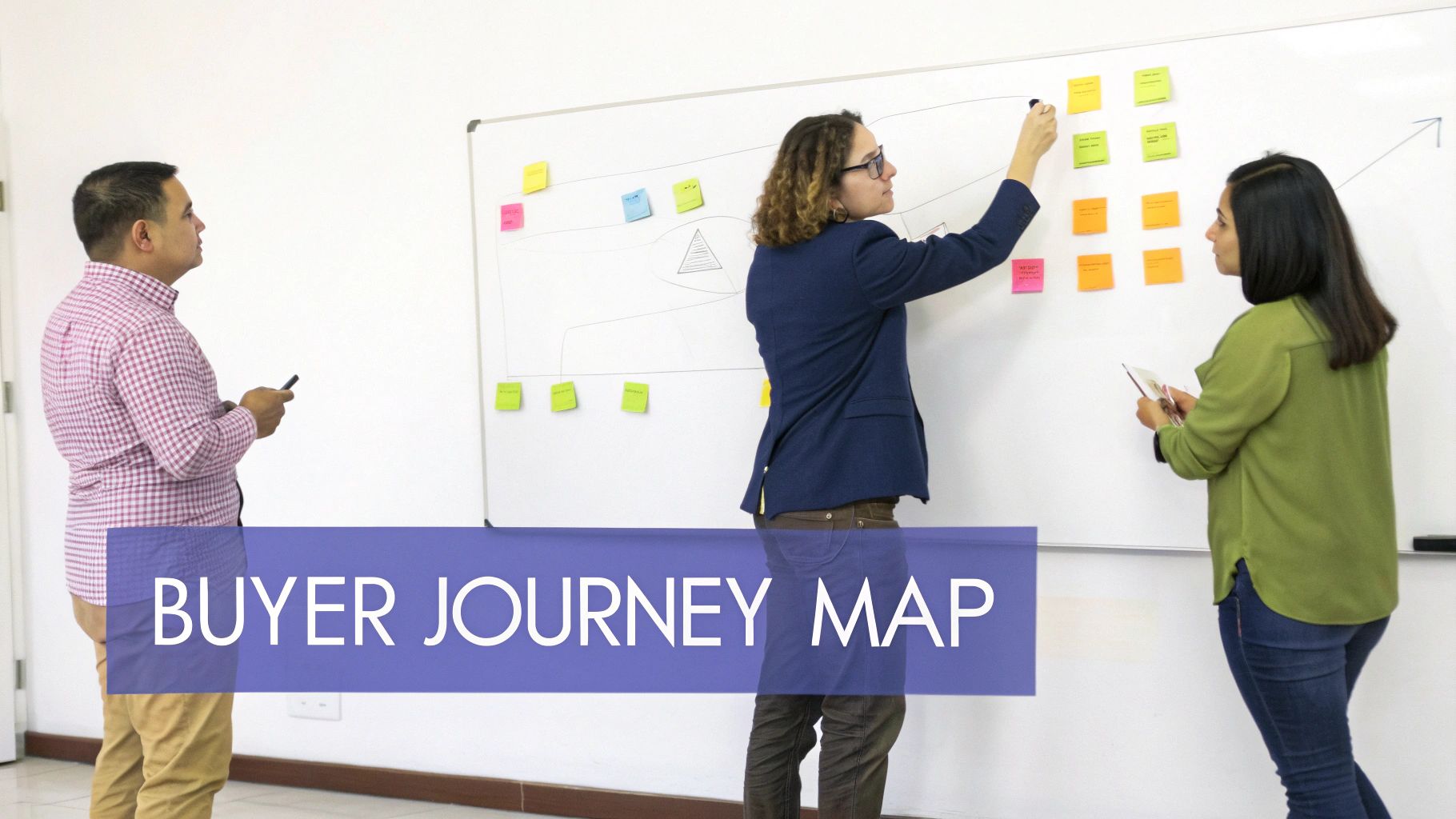 Business team collaborating on buyer journey map with colorful sticky notes on whiteboard