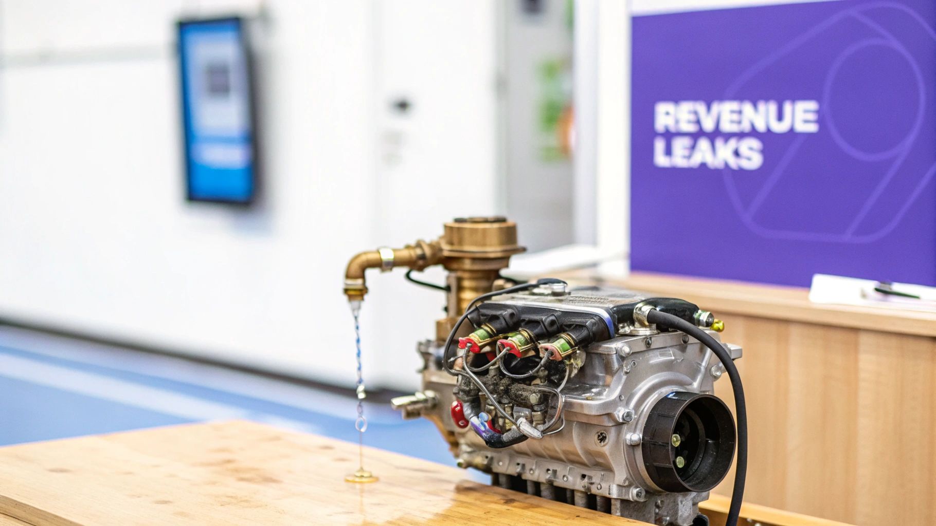 A model engine with a brass pipe dripping water onto a golden disk, symbolizing revenue leaks.
