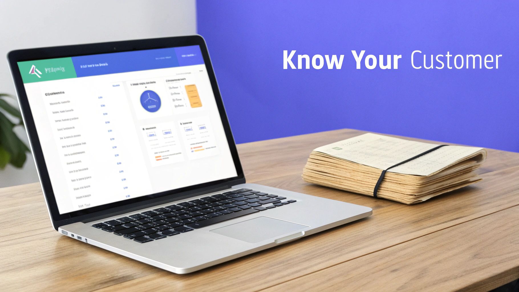 A marketing professional analysing CRM data on a laptop, with charts and graphs in the background.