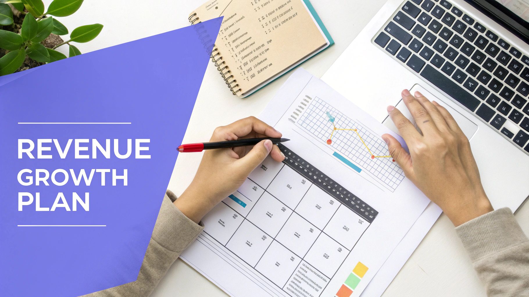 Overhead view of hands working on a revenue growth plan document with graphs and a laptop.