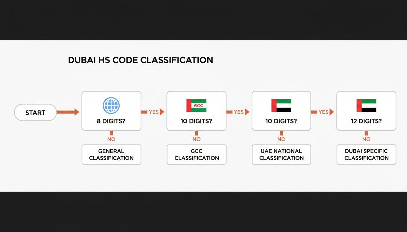 Flowchart illustrating Dubai HS code classification, detailing General, GCC, UAE National, and Dubai Specific levels.
