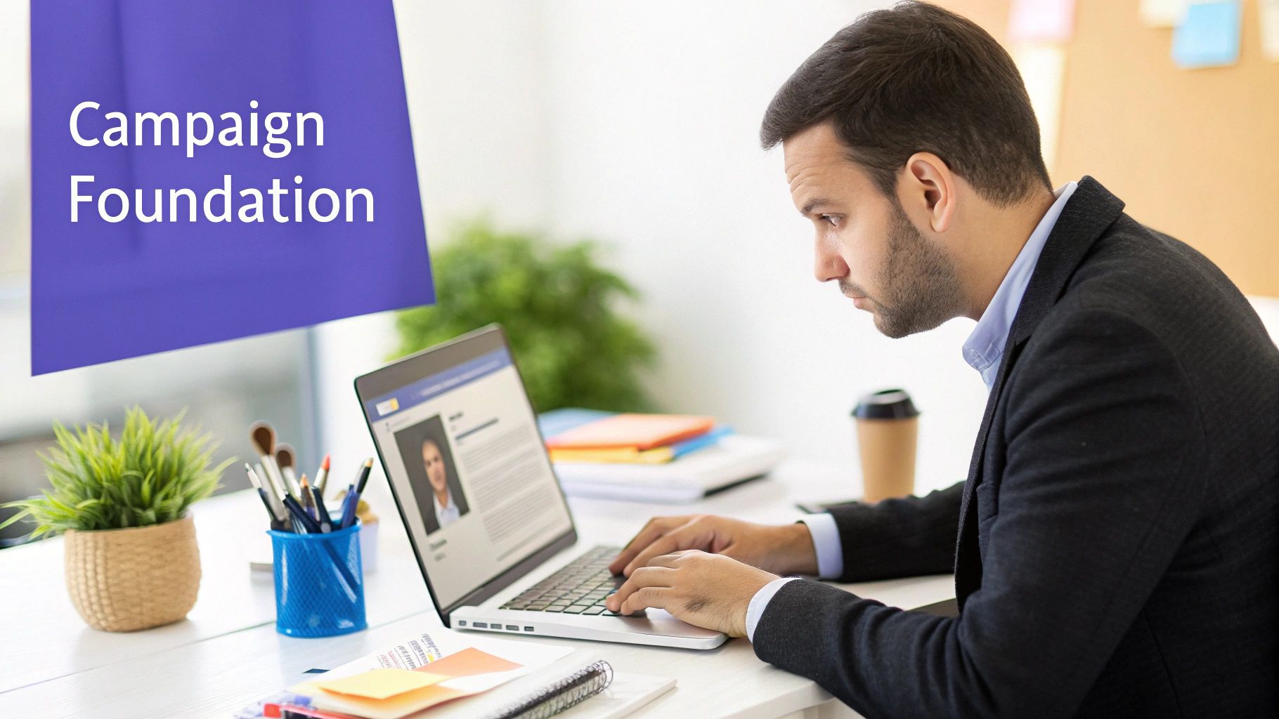 A person working on a laptop, planning an email ad campaign strategy with digital charts and graphs in the foreground.