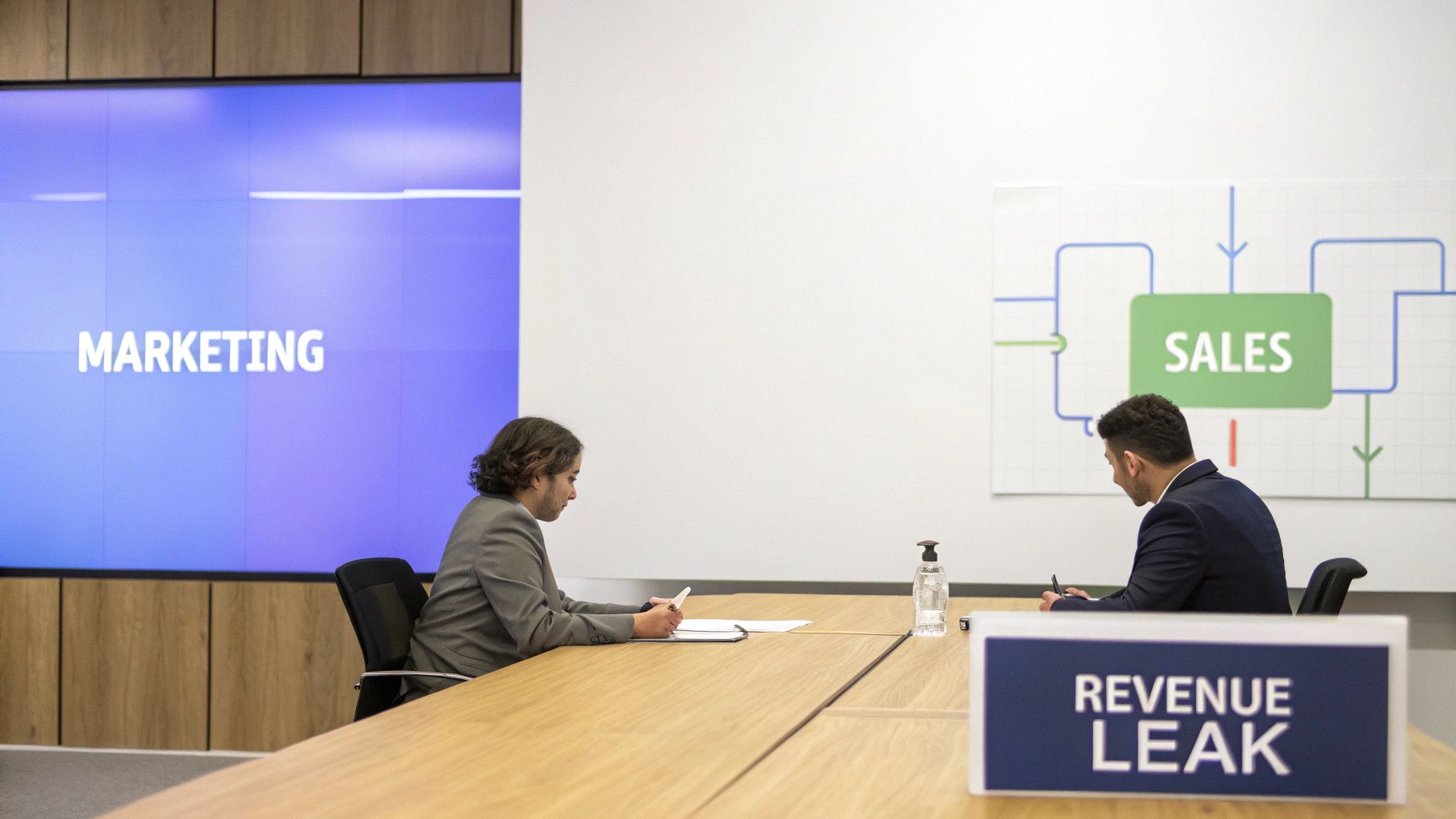 Two professionals in a modern meeting room, with screens showing Marketing and Sales, and a 'Revenue Leak' sign.