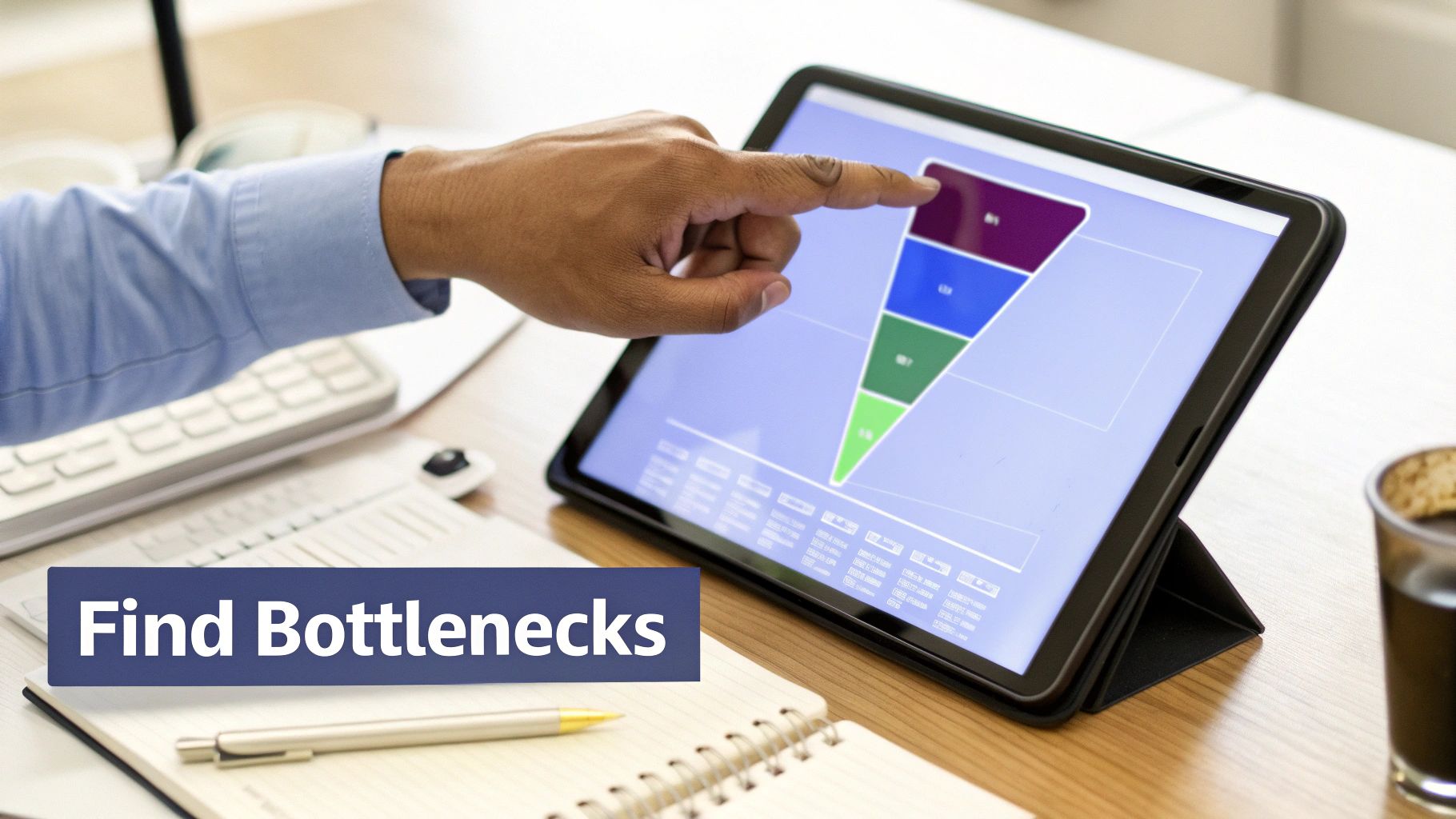 A hand points at a colorful sales funnel chart on a tablet, analyzing data on a desk.