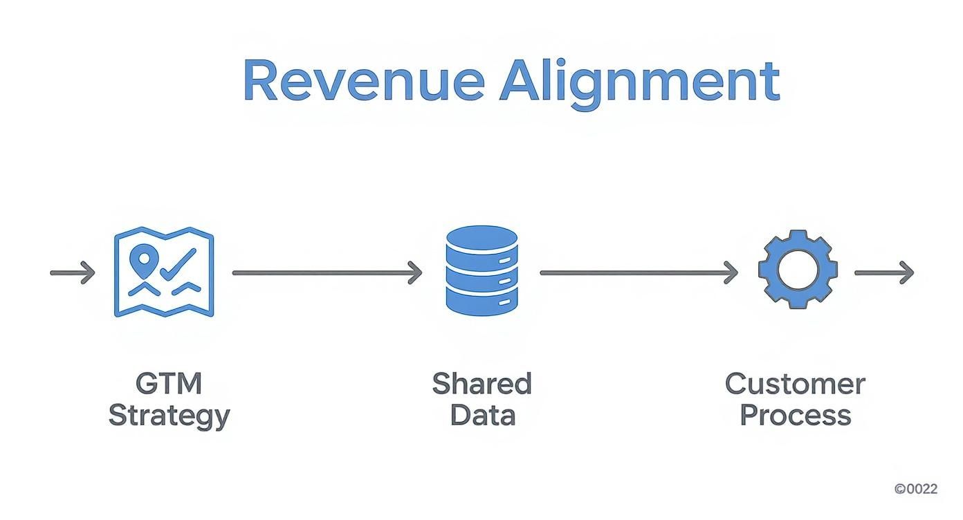 Revenue alignment workflow diagram showing GTM strategy flowing through shared data to customer process