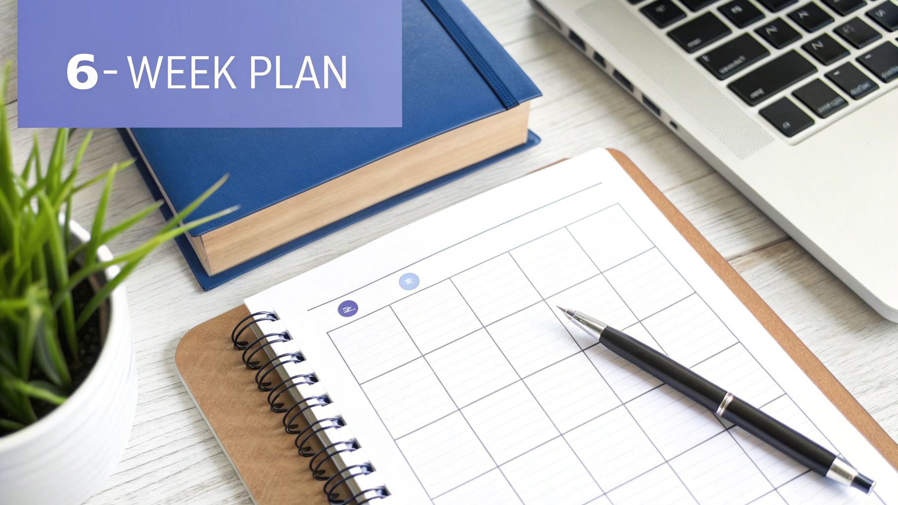 A '6-WEEK PLAN' text overlay on a desk with a planner, pen, blue notebook, laptop, and small plant.