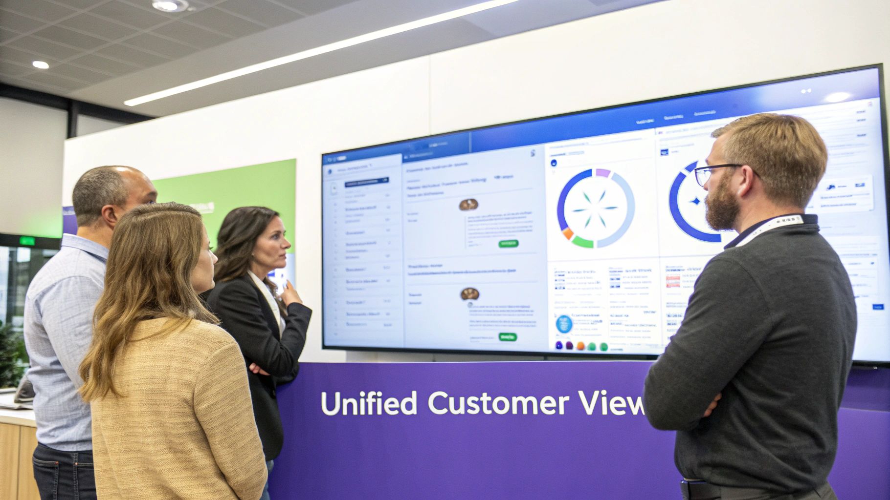 A team of marketing professionals collaboratively working on a CRM dashboard, showing interconnected customer data points and growth charts.
