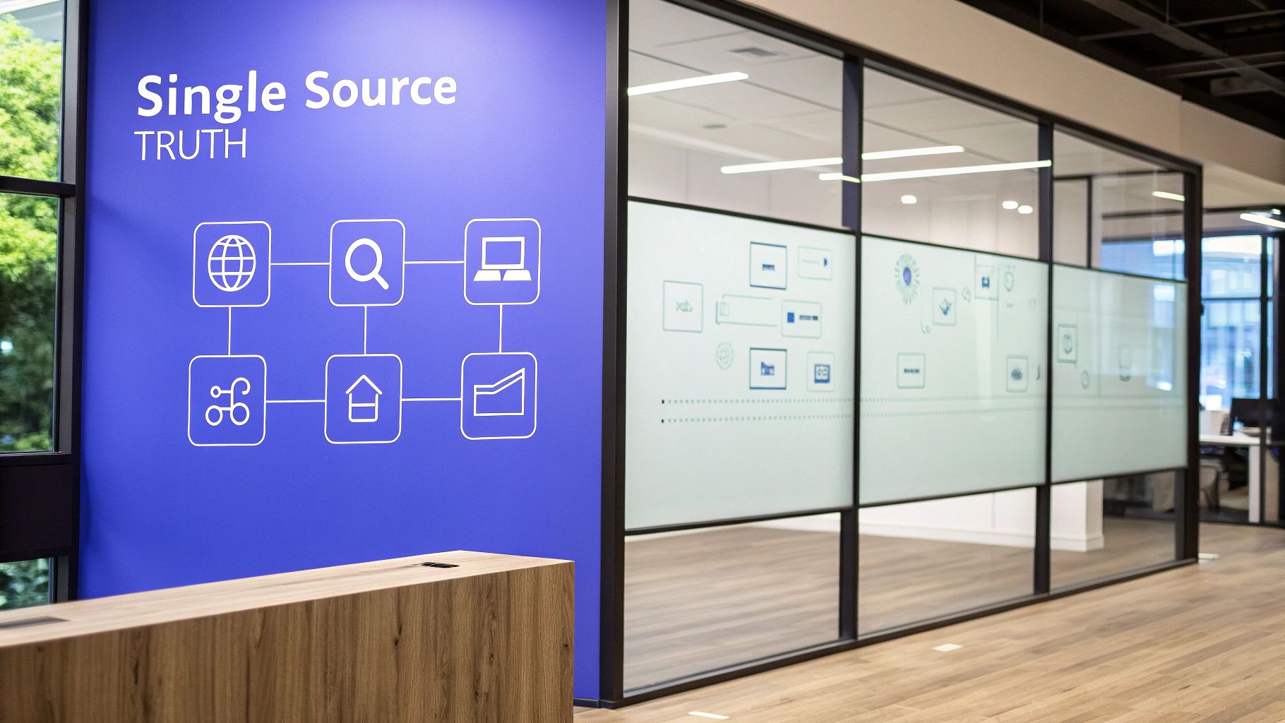 Modern office interior with a blue wall display, glass partitions, and a wooden reception desk.