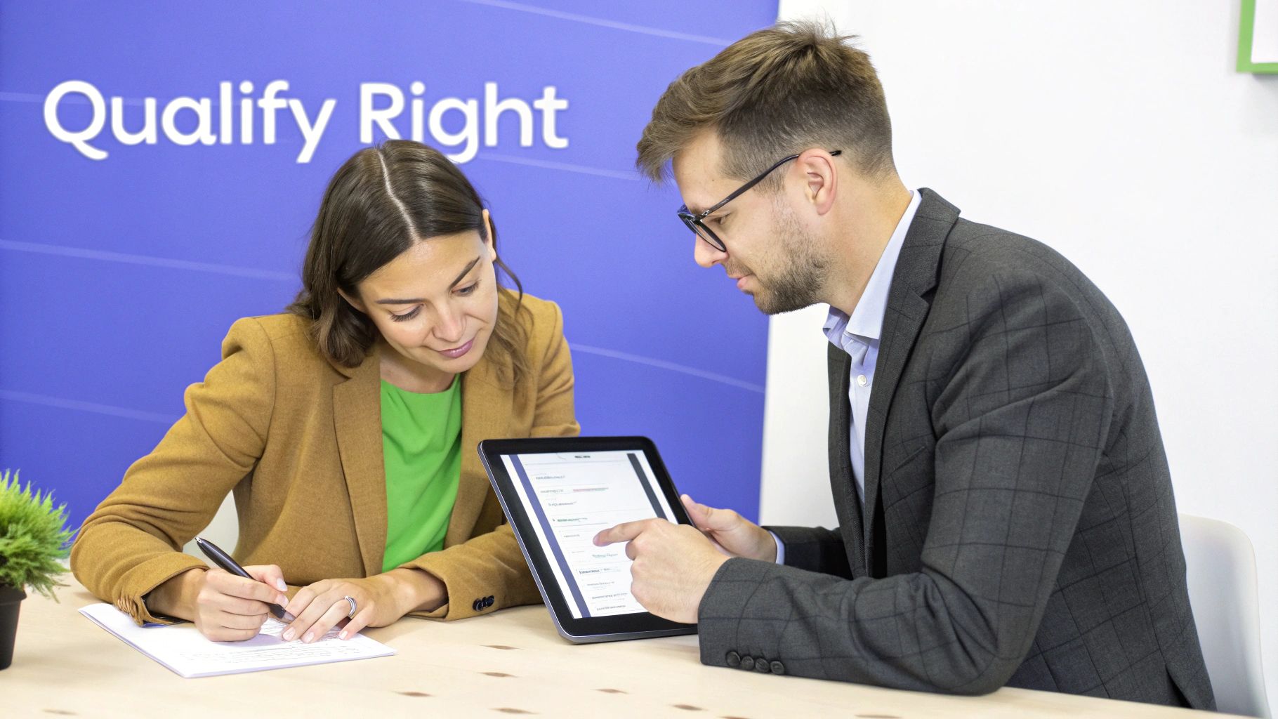 Two business professionals collaborate, with one pointing at a tablet and the other writing on paper.