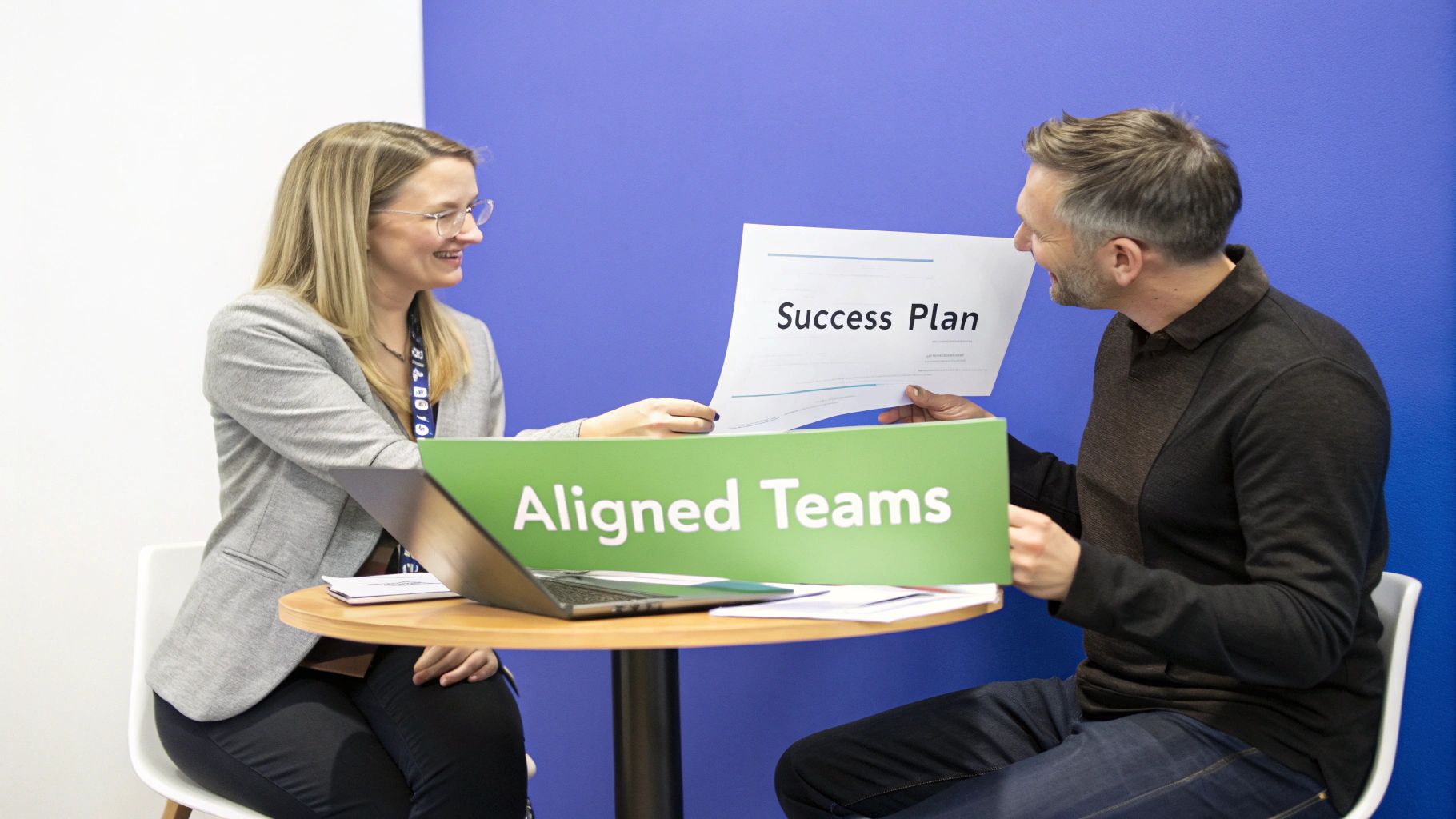 Two professionals, a woman and a man, discussing a 'Success Plan' with 'Aligned Teams' sign on table.
