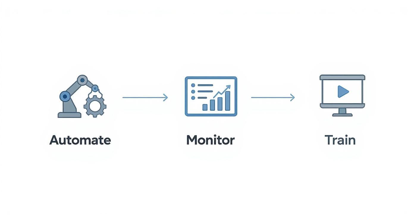 A diagram illustrating a three-step workflow: Automate (robot arm), Monitor (chart), and Train (video screen).