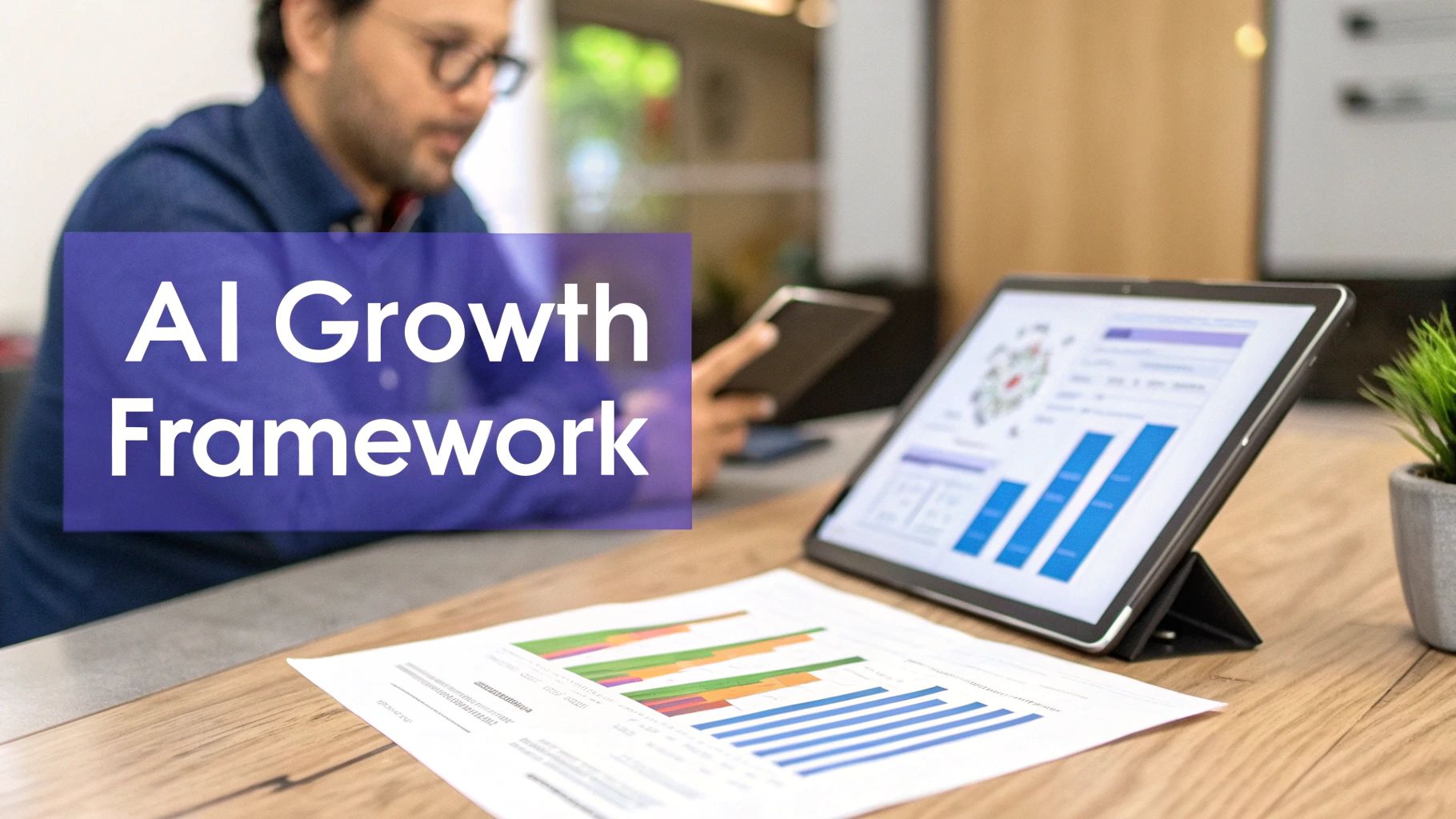 A person works at a desk with a tablet and paper showing charts, overlaid with 'AI Growth Framework'.