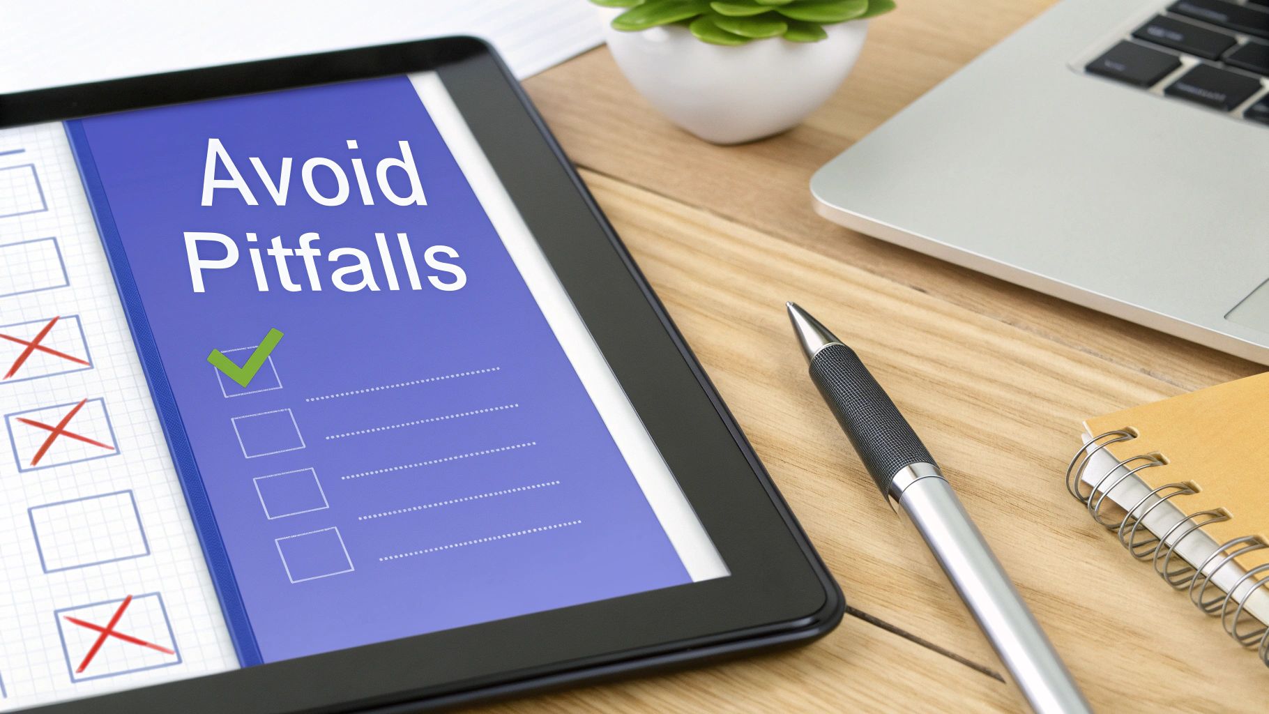 A tablet displays 'Avoid Pitfalls' on a checklist, beside a pen, notebook, and laptop on a wooden desk.