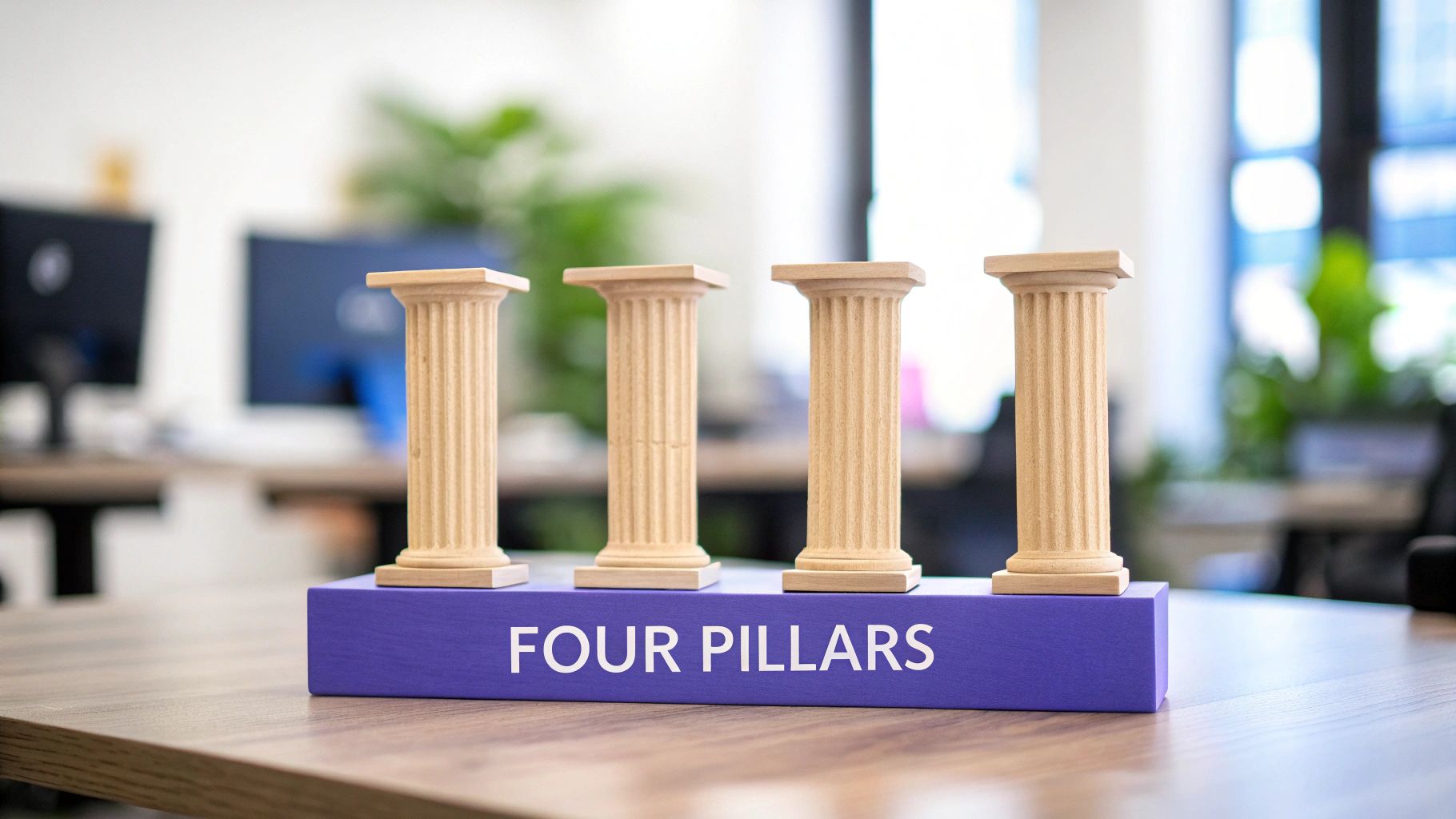Four wooden pillars on a purple stand inscribed 'FOUR PILLARS' in a modern office setting.