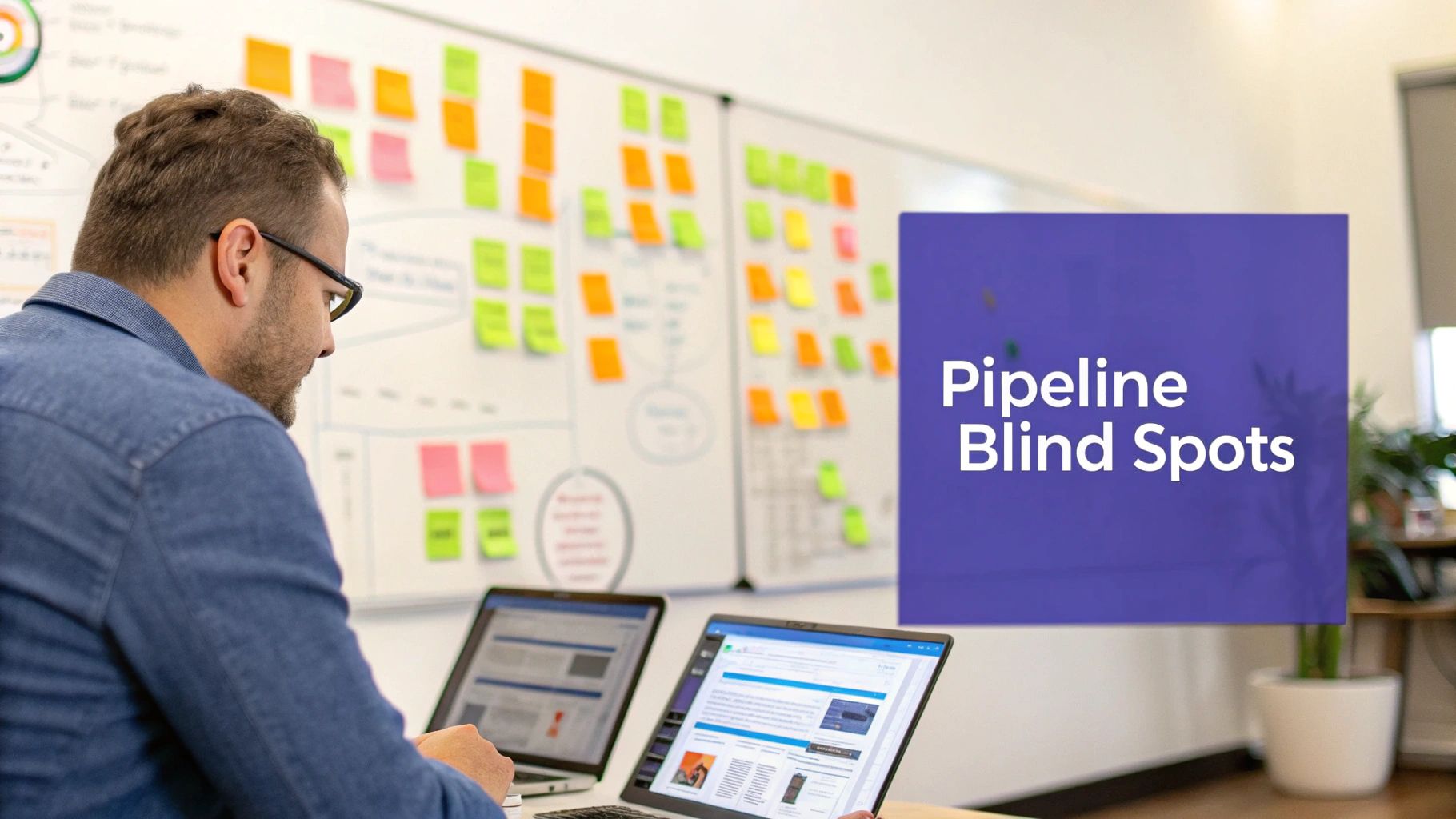 Man in glasses working on laptops, with a whiteboard full of sticky notes and 'Pipeline Blind Spots' text.