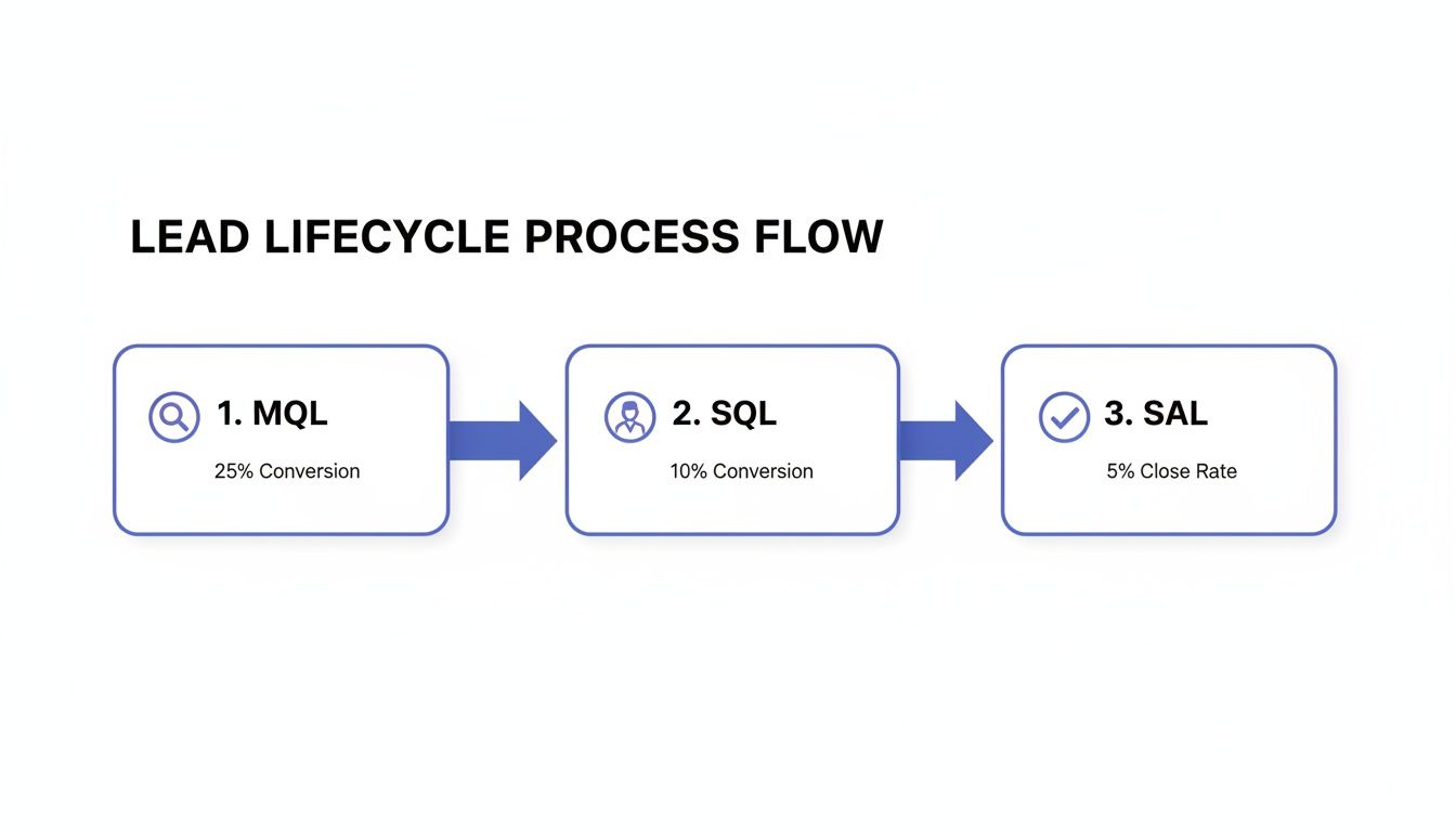 Lead lifecycle process flow showing MQL, SQL, and SAL stages with conversion rates.