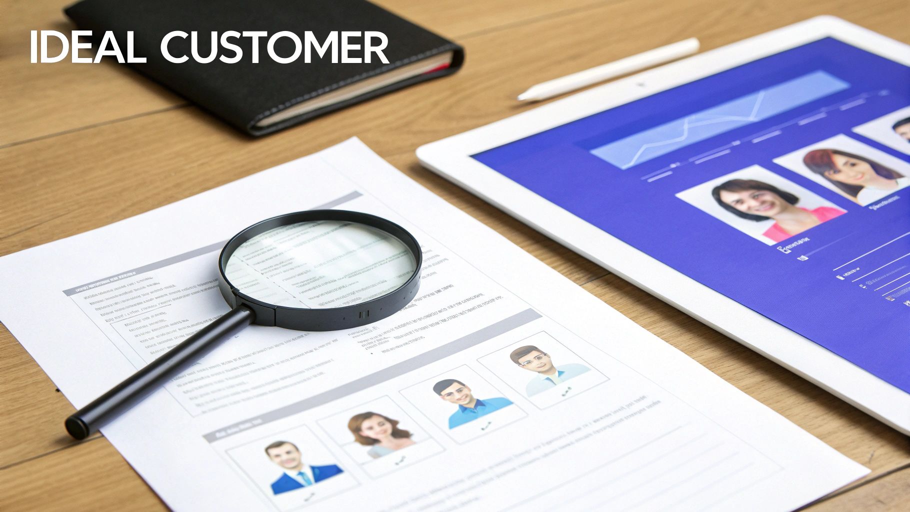 Ideal customer profile documents with magnifying glass and avatar photos on wooden desk