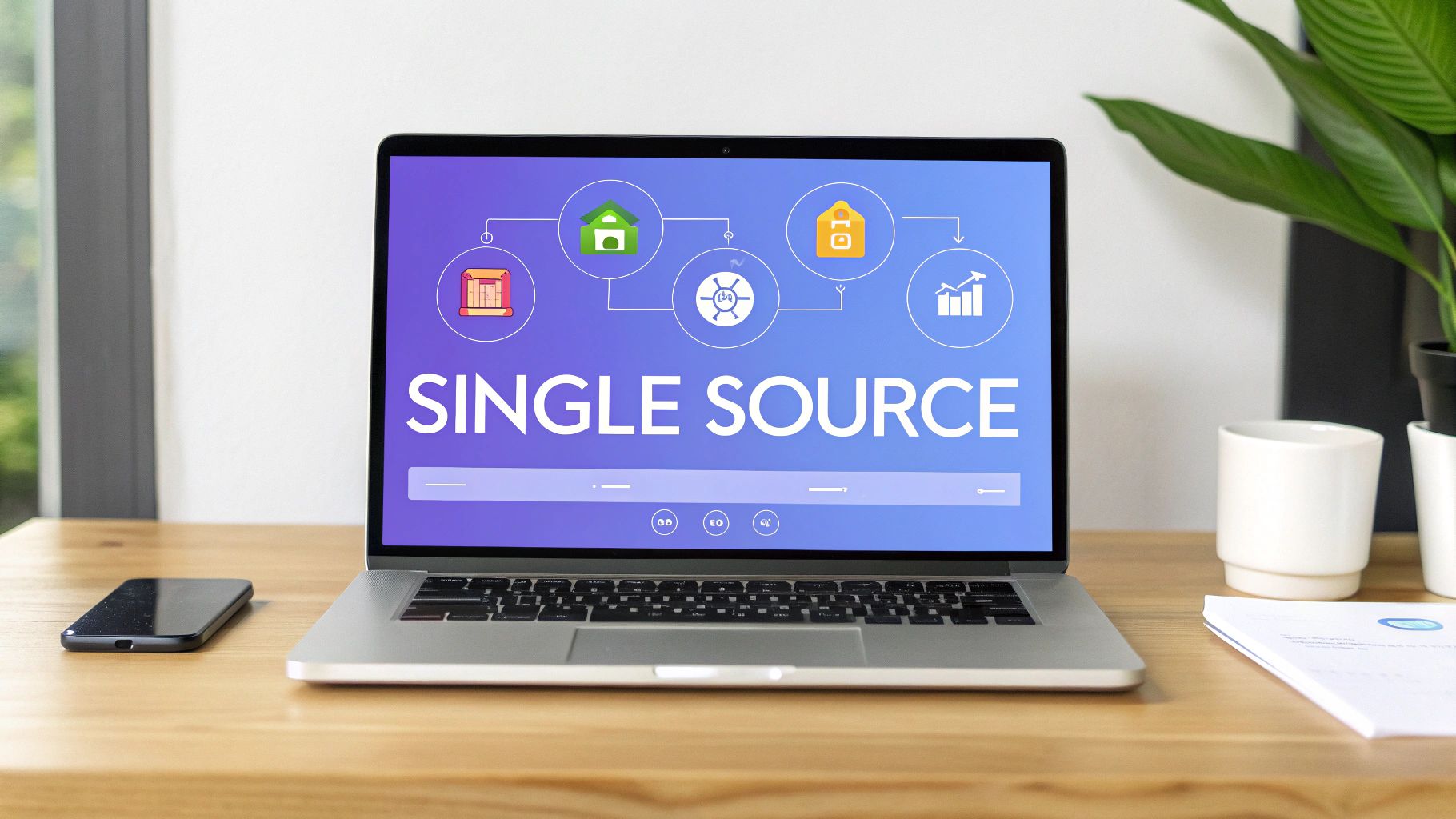 A laptop displays 'SINGLE SOURCE' with a diagram of interconnected business icons on a wooden desk.