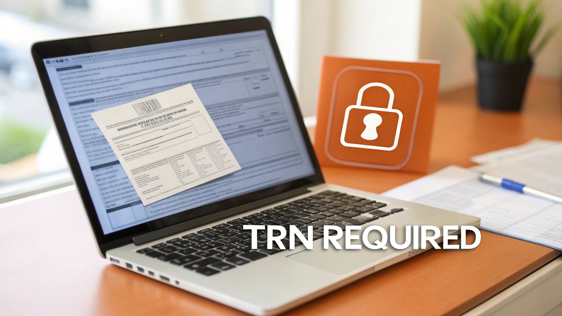 Laptop displaying a document with 'TRN REQUIRED' text, an orange folder with a padlock, suggesting secure online transactions.