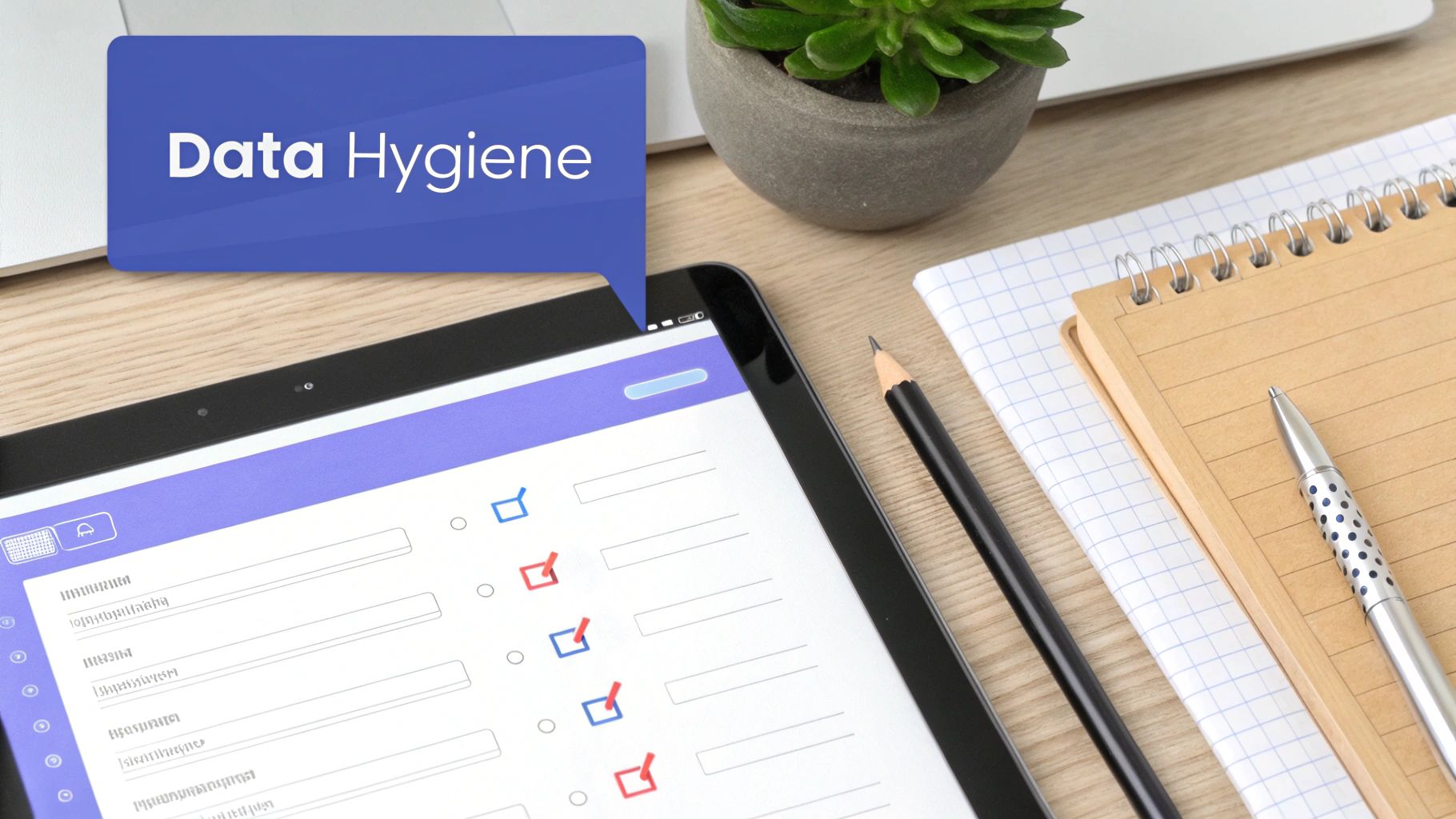 Tablet with 'Data Hygiene' text, displaying a form with checkboxes on a wooden desk with office supplies.