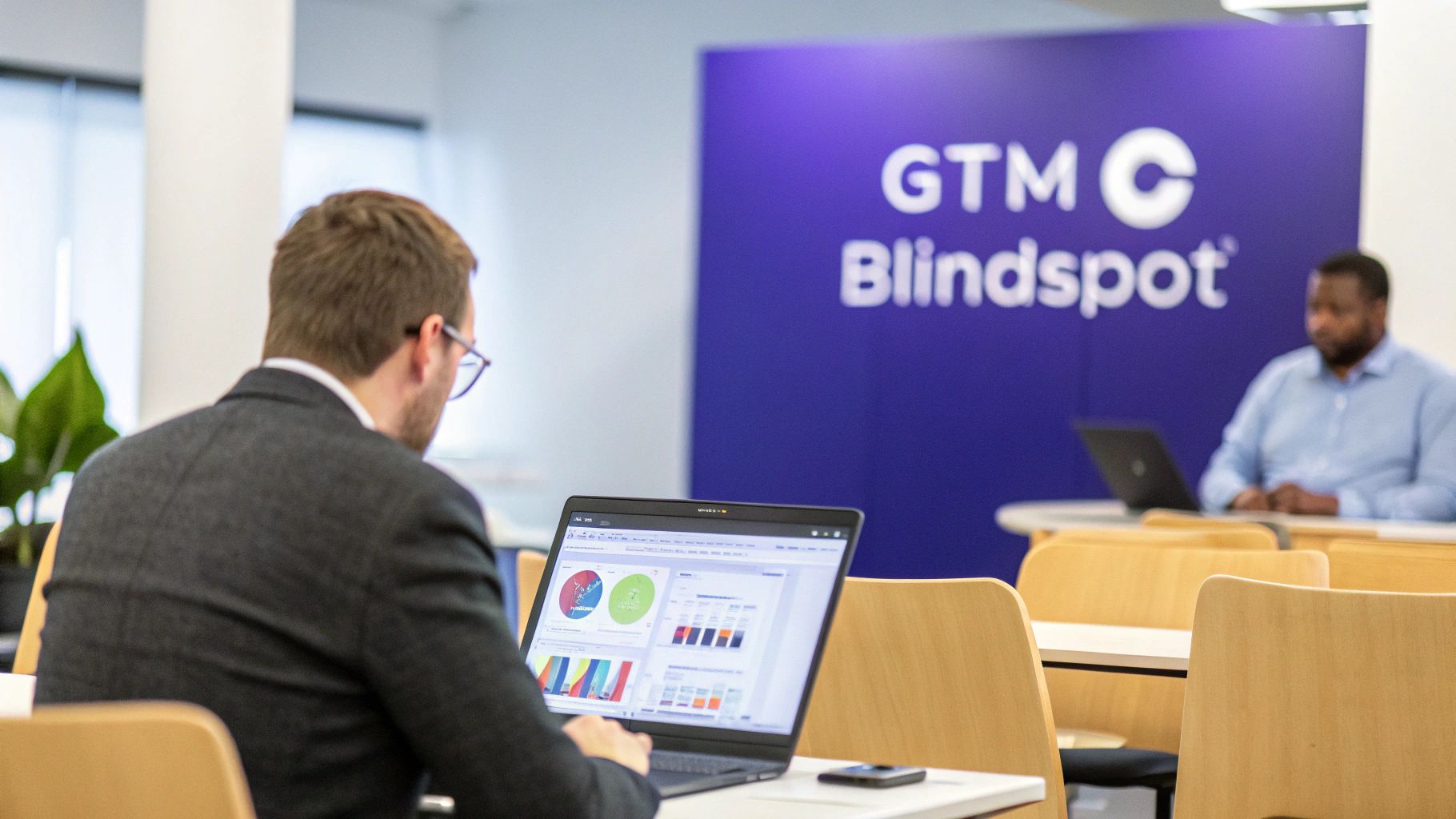 Business professionals analyzing revenue analytics data on laptop in modern office workspace