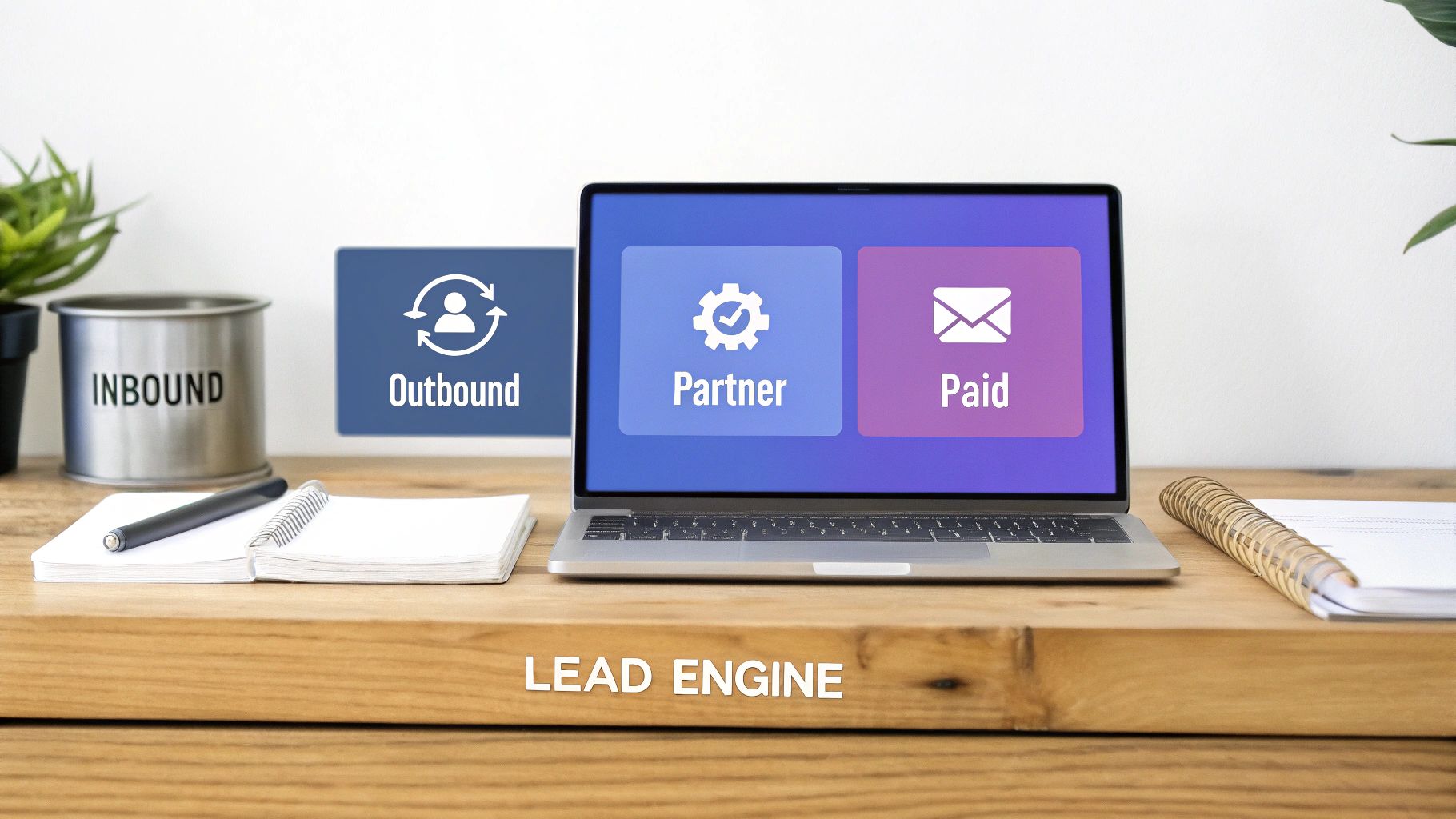 A desk setup illustrating lead generation strategies with 'Inbound', 'Outbound', 'Partner', and 'Paid' channels.