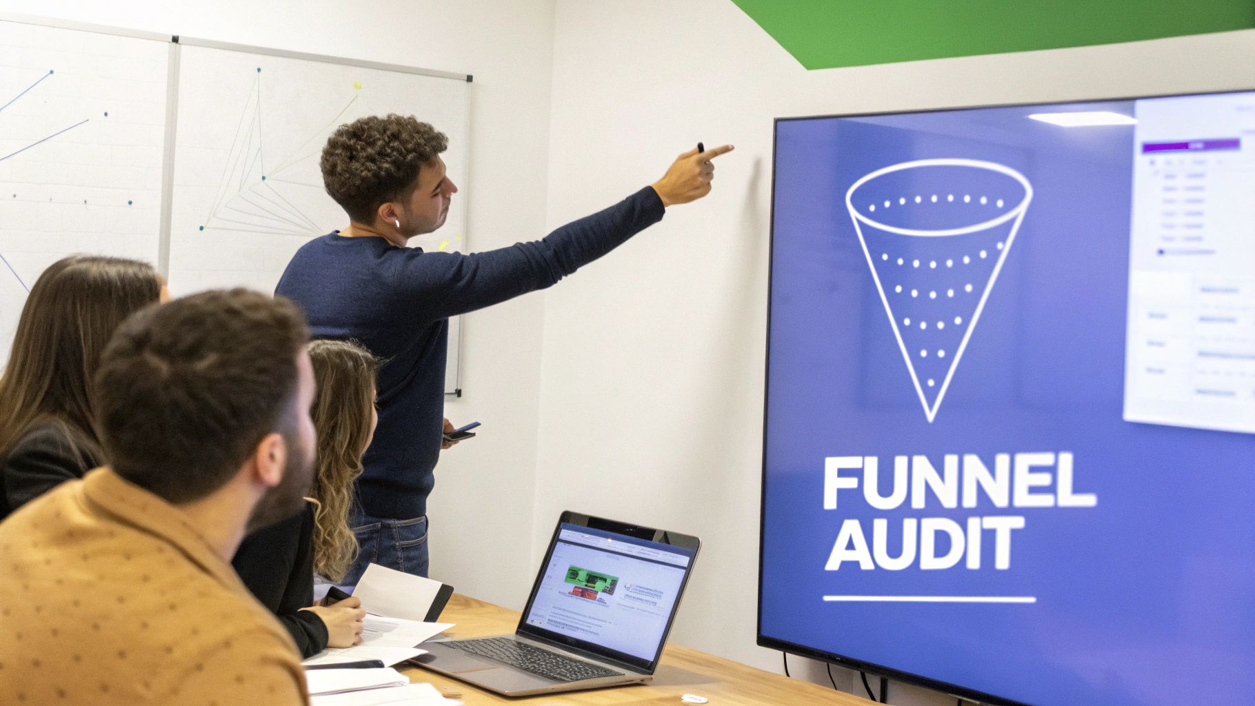 Marketing team conducting funnel audit presentation in modern office meeting room with digital screen