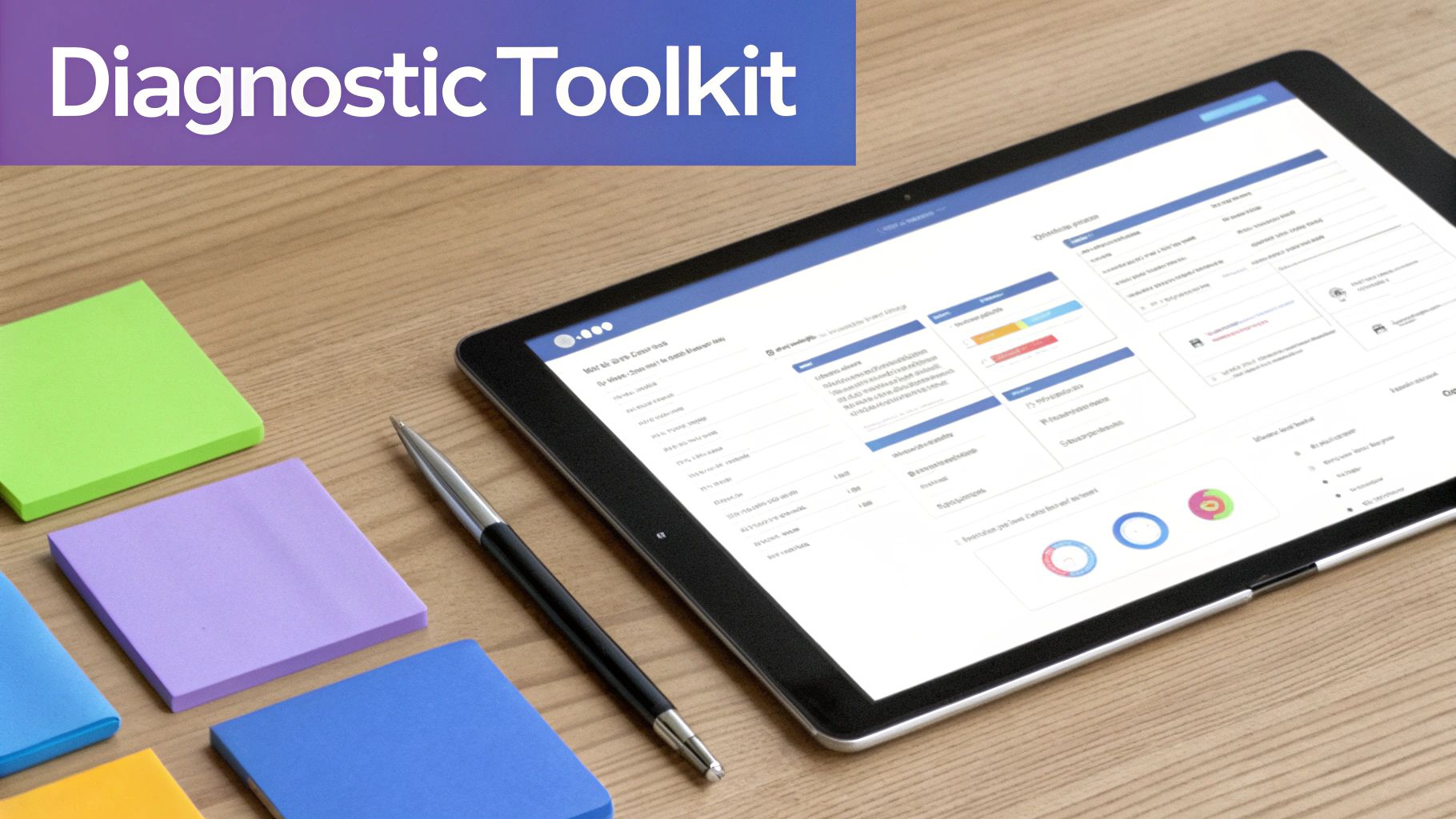 A diagnostic toolkit banner above a tablet displaying a dashboard, a pen, and sticky notes on a wooden desk.