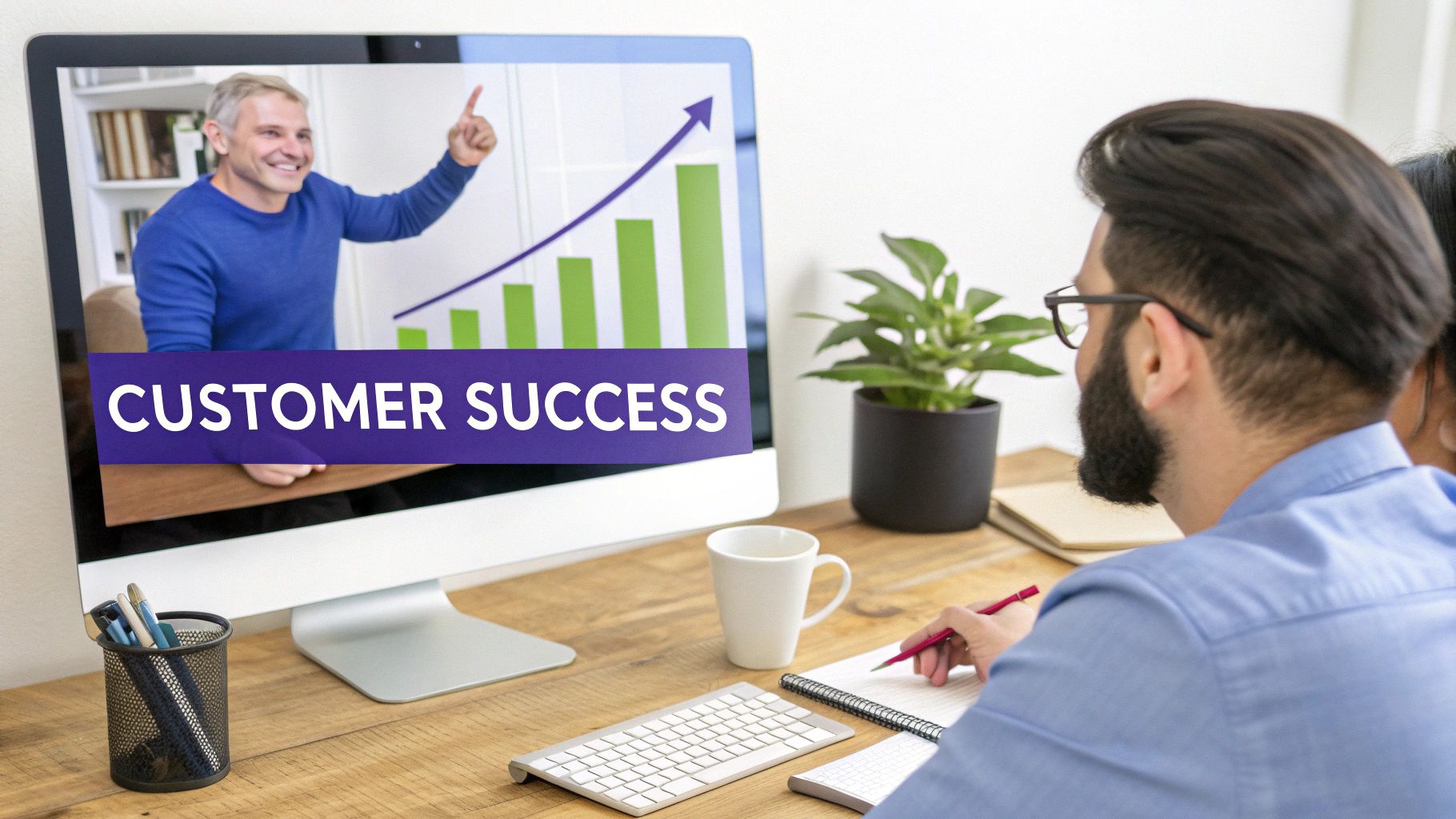 Man watching a 'Customer Success' presentation on a computer, taking notes at a wooden desk.