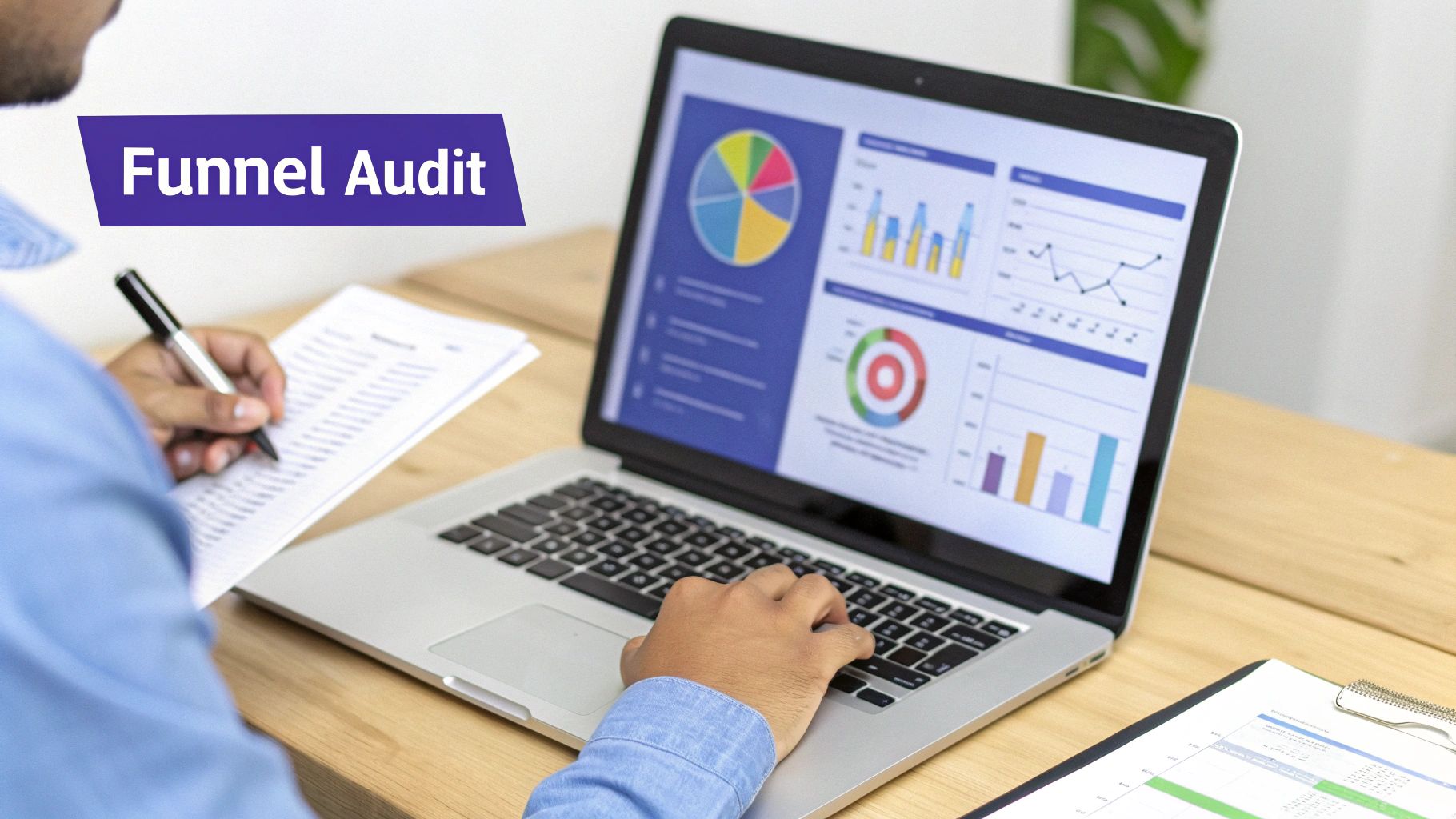 Person analyzing sales and marketing data for a funnel audit, using a laptop and documents.