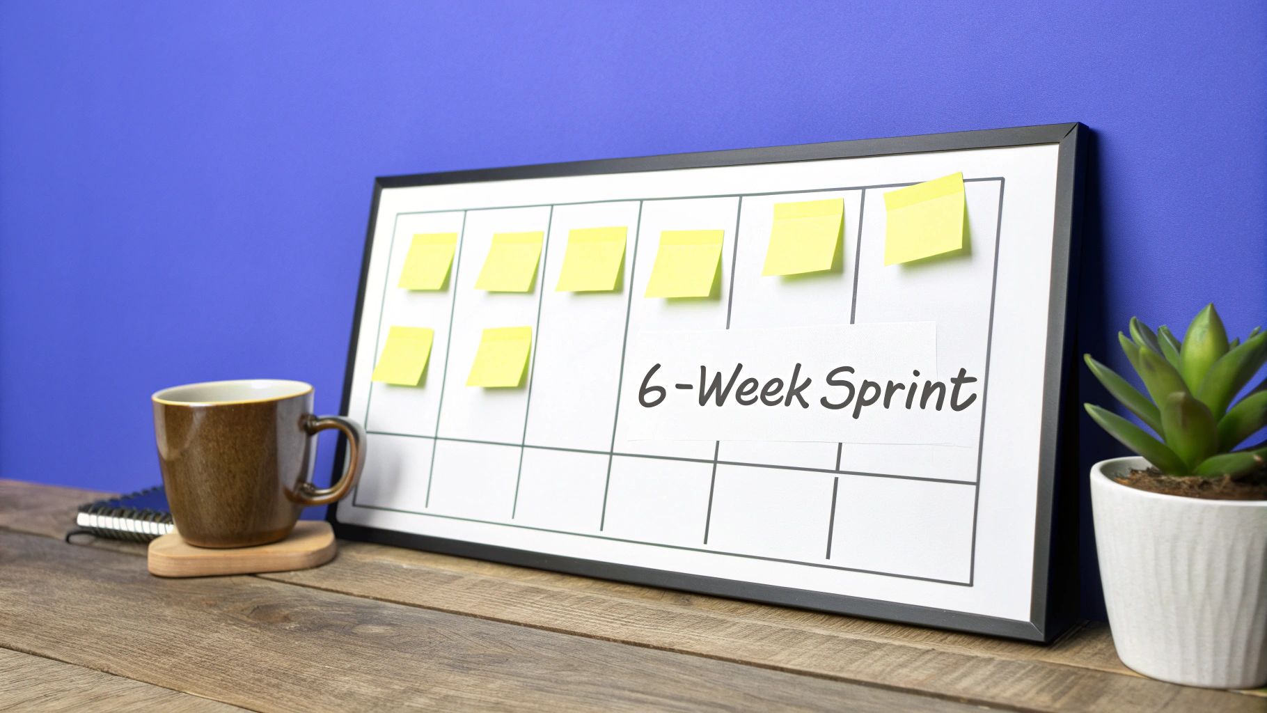 A whiteboard displays a '6-Week Sprint' plan with yellow sticky notes, alongside a coffee mug and a plant.