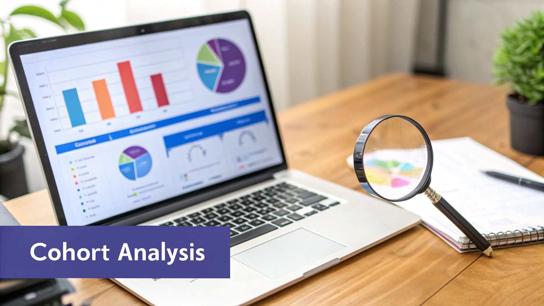 Laptop displaying charts and graphs for cohort analysis, with a magnifying glass on a notebook.