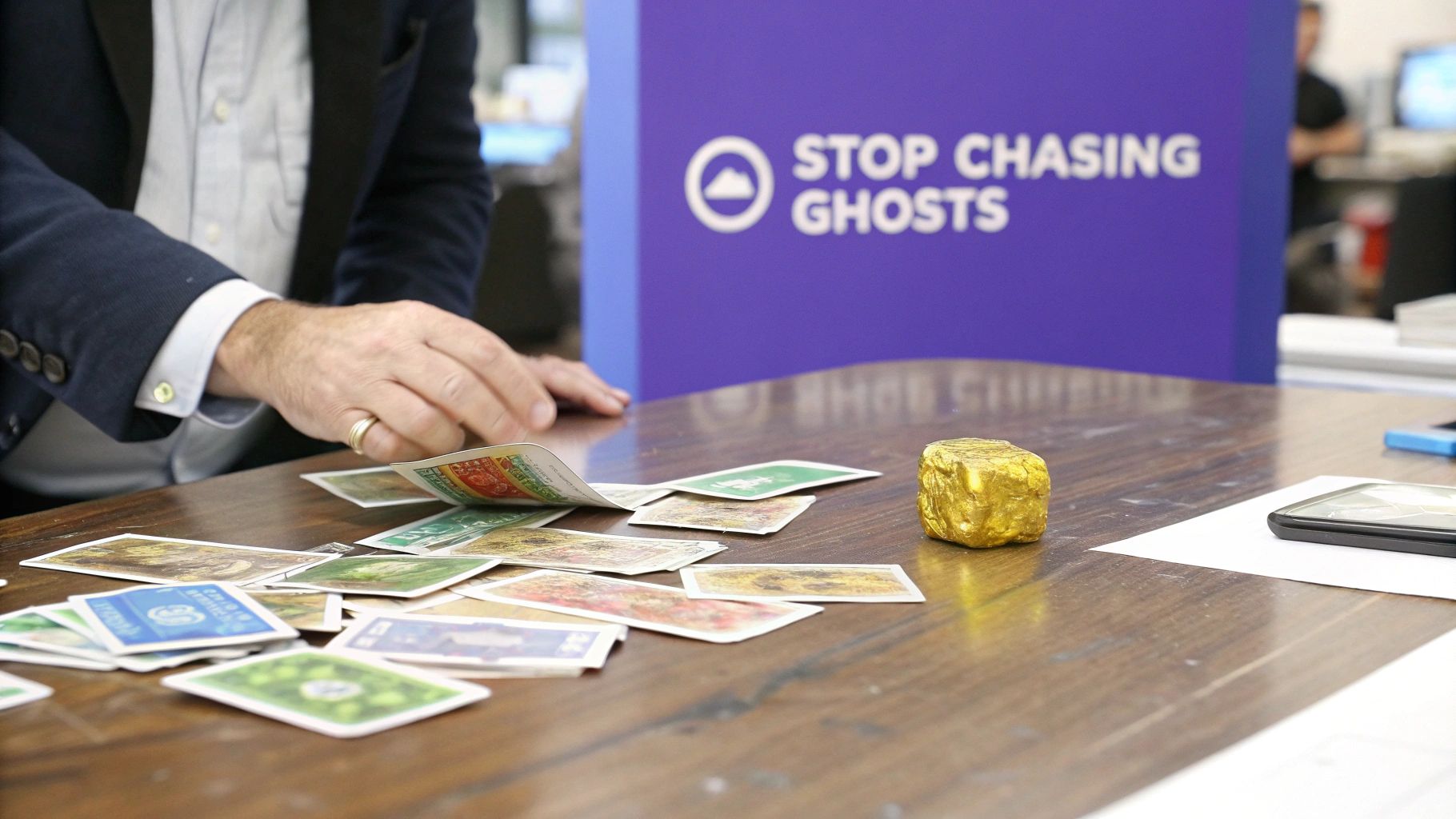 A person's hands sort colorful cards on a wooden table, with a gold-wrapped item and a sign reading 'STOP CHASING GHOSTS' in the background.