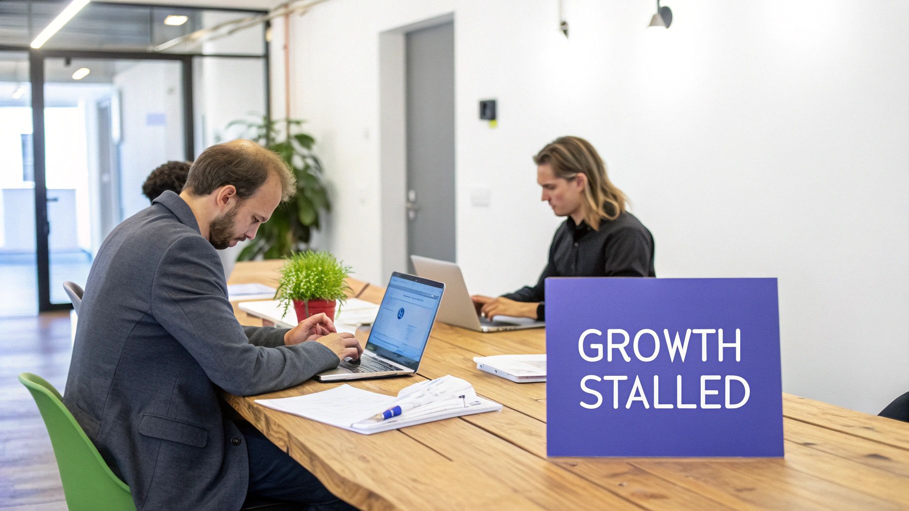 A man in a suit works on a laptop at a wooden table, next to a 'GROWTH STALLED' sign.