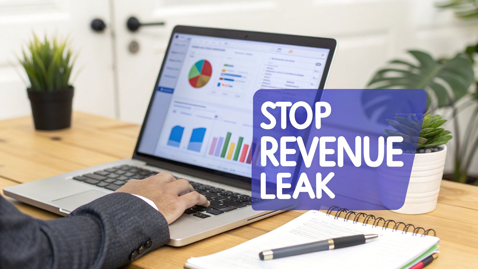 A business professional analyzing data on a laptop with charts and graphs, highlighting 'STOP REVENUE LEAK'.
