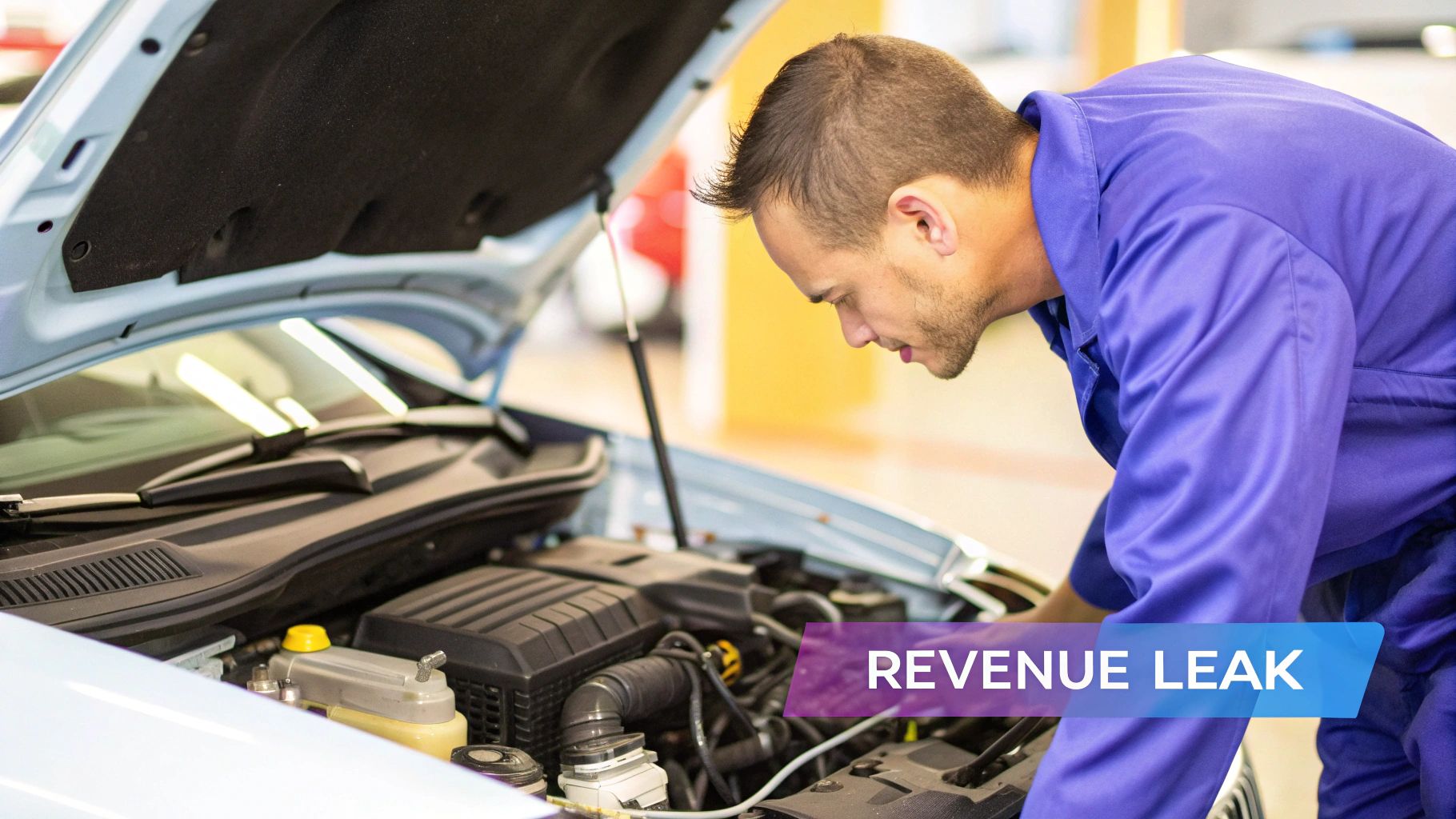 A mechanic in a blue uniform inspects a car's engine under an open hood, symbolizing a 'revenue leak'.