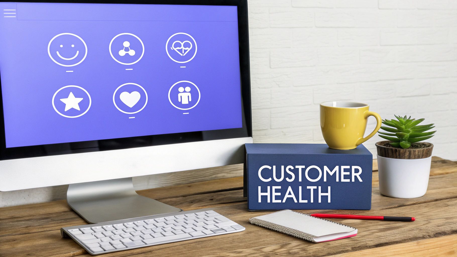 Desktop computer showing customer health metrics and a sign, symbolizing churn reduction strategies.