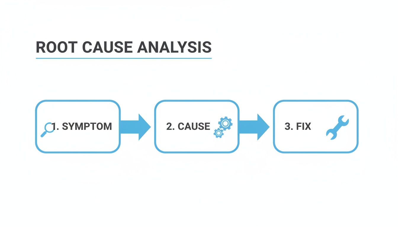 A root cause analysis diagram illustrating three steps: symptom identification, cause analysis, and problem fixing.