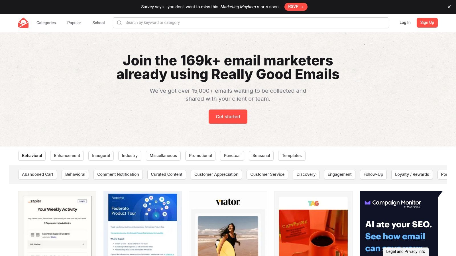 A screenshot of the Really Good Emails website interface, showcasing various email examples in a grid format.