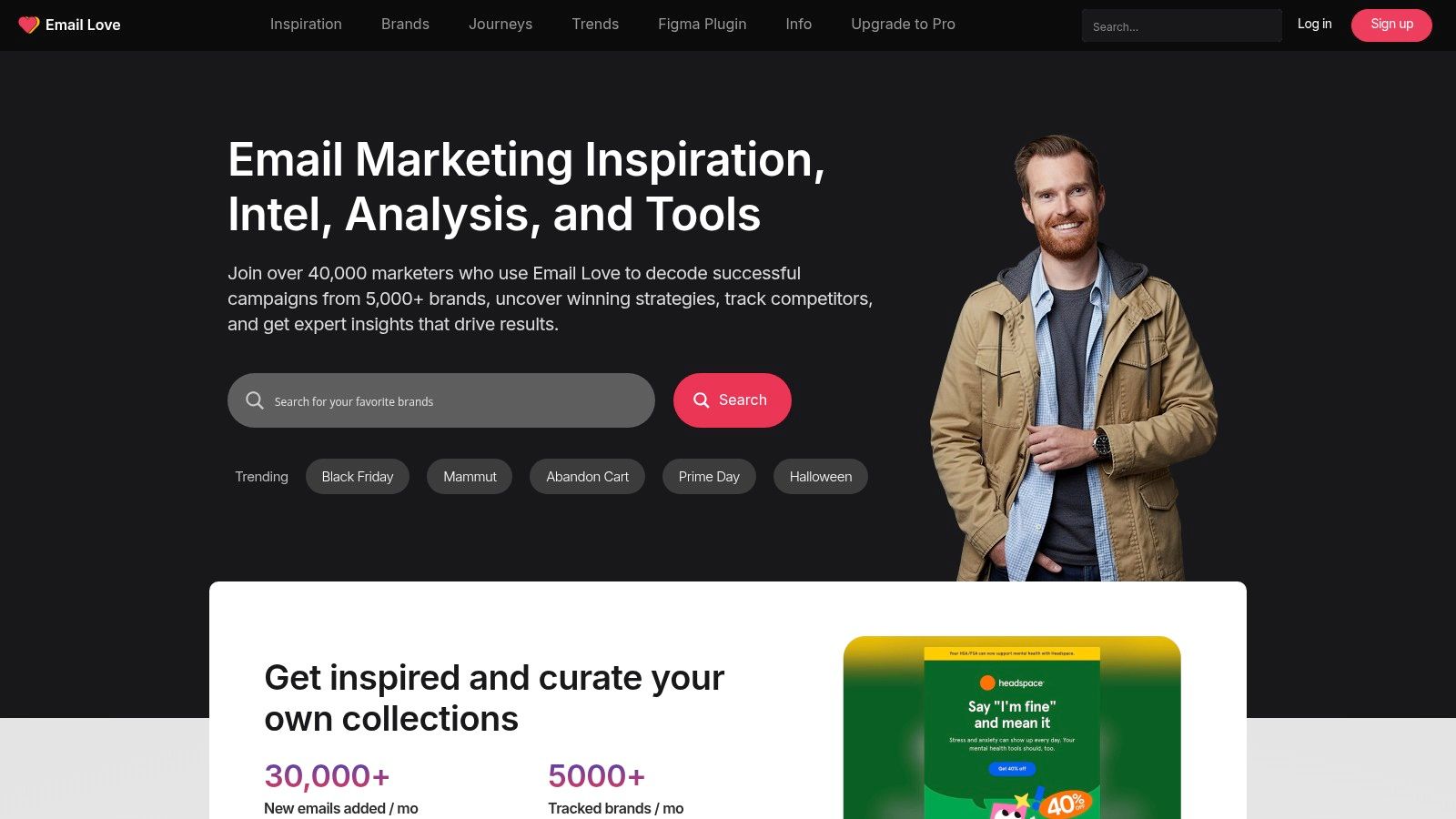 A screenshot of the Email Love website, showing a grid of email examples with a clean, design-focused interface.