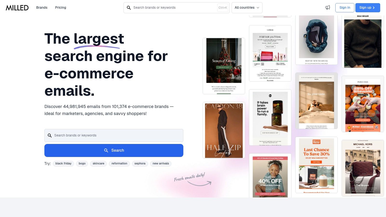 A screenshot of the Milled website, showing a grid of recent emails from various ecommerce brands.
