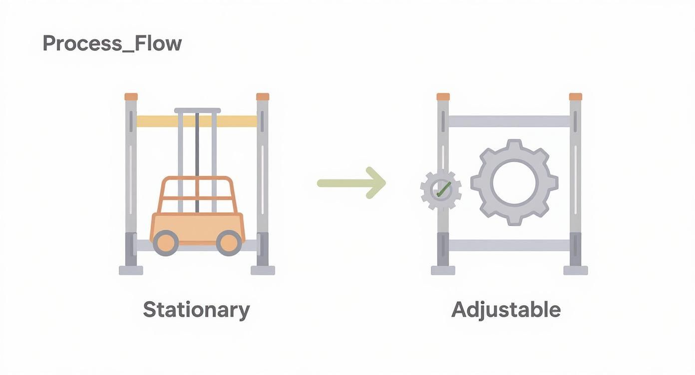 Infographic comparing stationary and adjustable garage overhead storage racks.