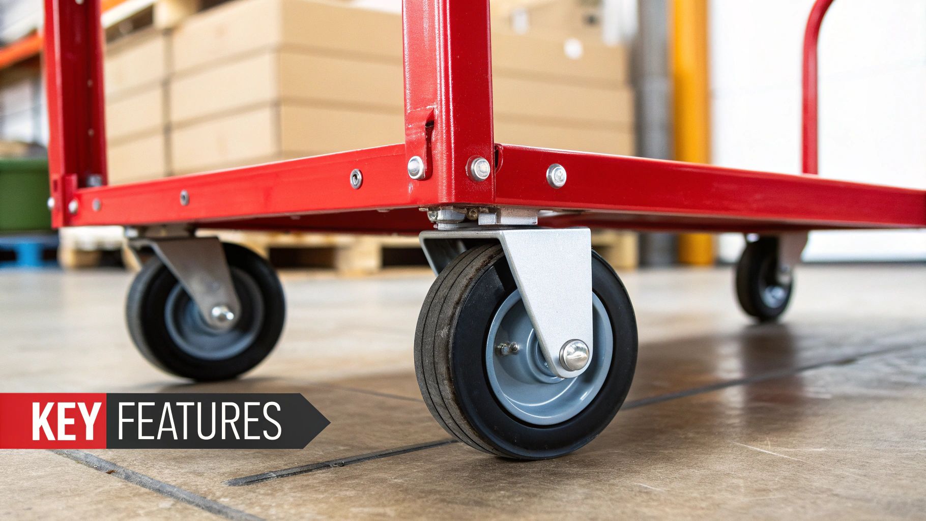 A close-up of a sturdy, non-marking polyurethane wheel on a warehouse trolley.